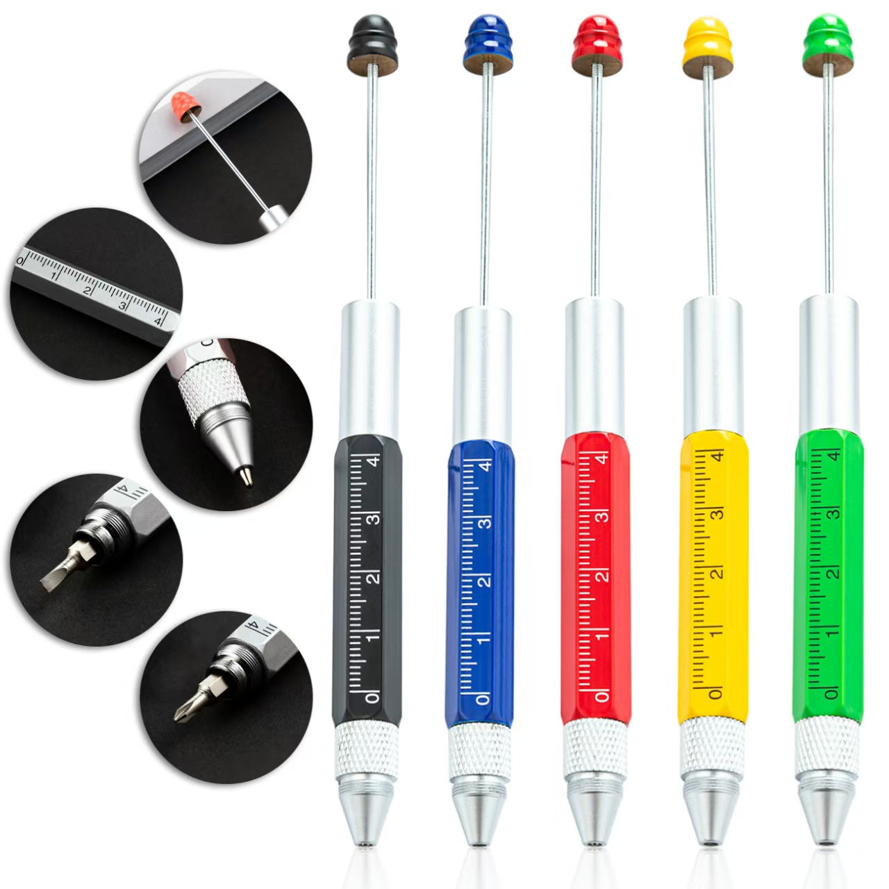 FS5398- Metal Multifunctional 5-In-1 Ballpoint Pen Diy Bead Stringing Ruler And Dual-Purpose Screwdriver