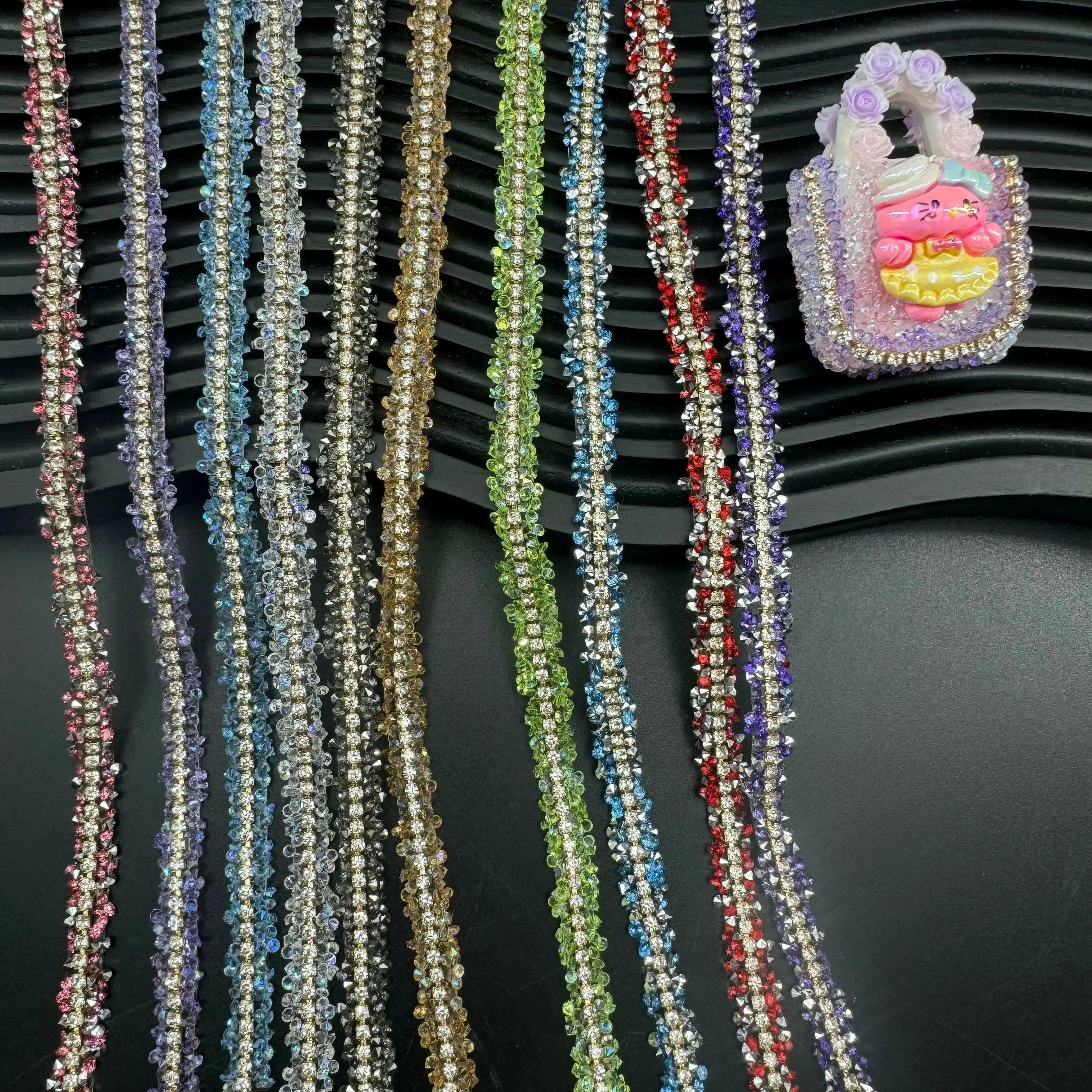 FS1301-0.9cm Width Sugar Diamonds Wraps tapes With Gold Chain In Middle For Making Fancy Bead - Zoe DIY Wholesale