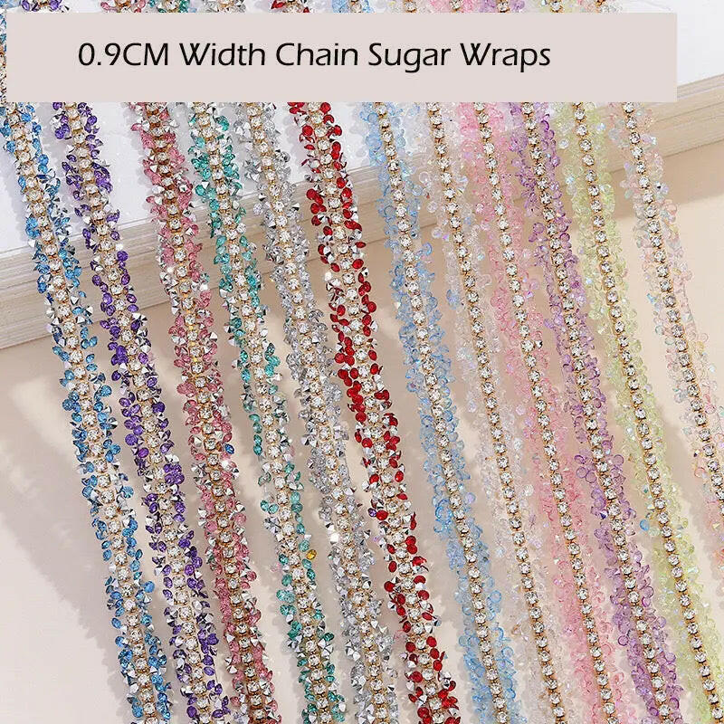 FS1301-0.9cm Width Sugar Diamonds Wraps tapes With Gold Chain In Middle For Making Fancy Bead - Zoe DIY Wholesale