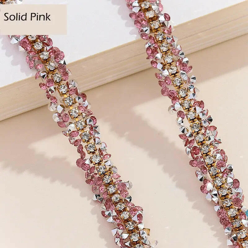 FS1301-0.9cm Width Sugar Diamonds Wraps tapes With Gold Chain In Middle For Making Fancy Bead - Zoe DIY Wholesale