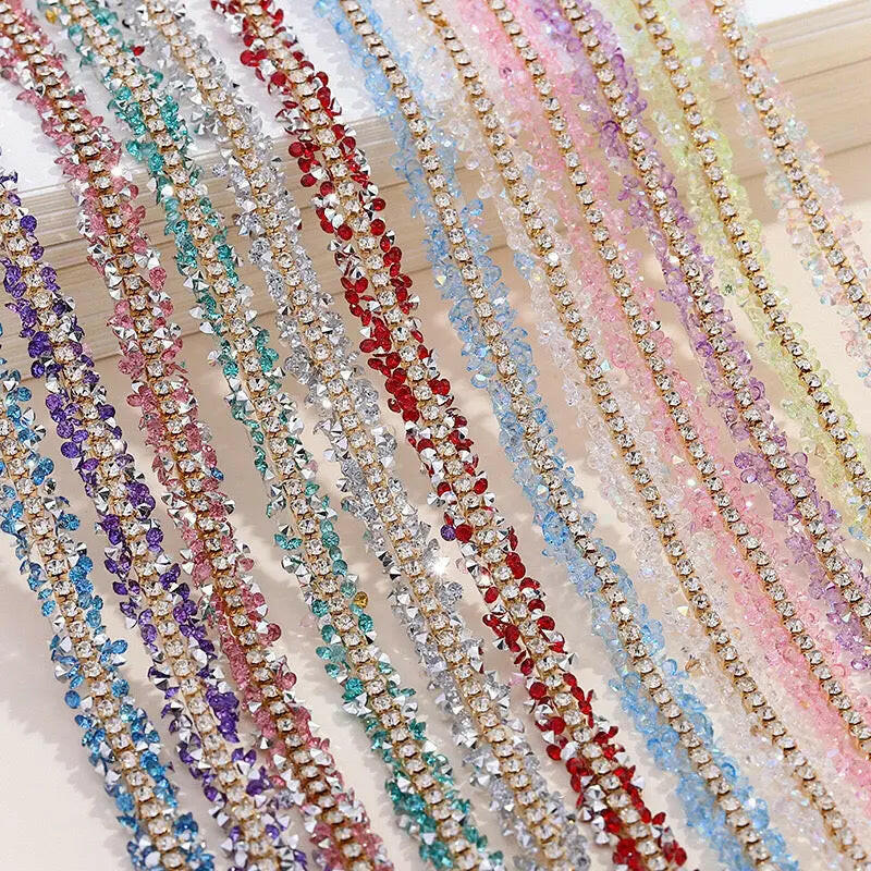 FS1301-0.9cm Width Sugar Diamonds Wraps tapes With Gold Chain In Middle For Making Fancy Bead - Zoe DIY Wholesale