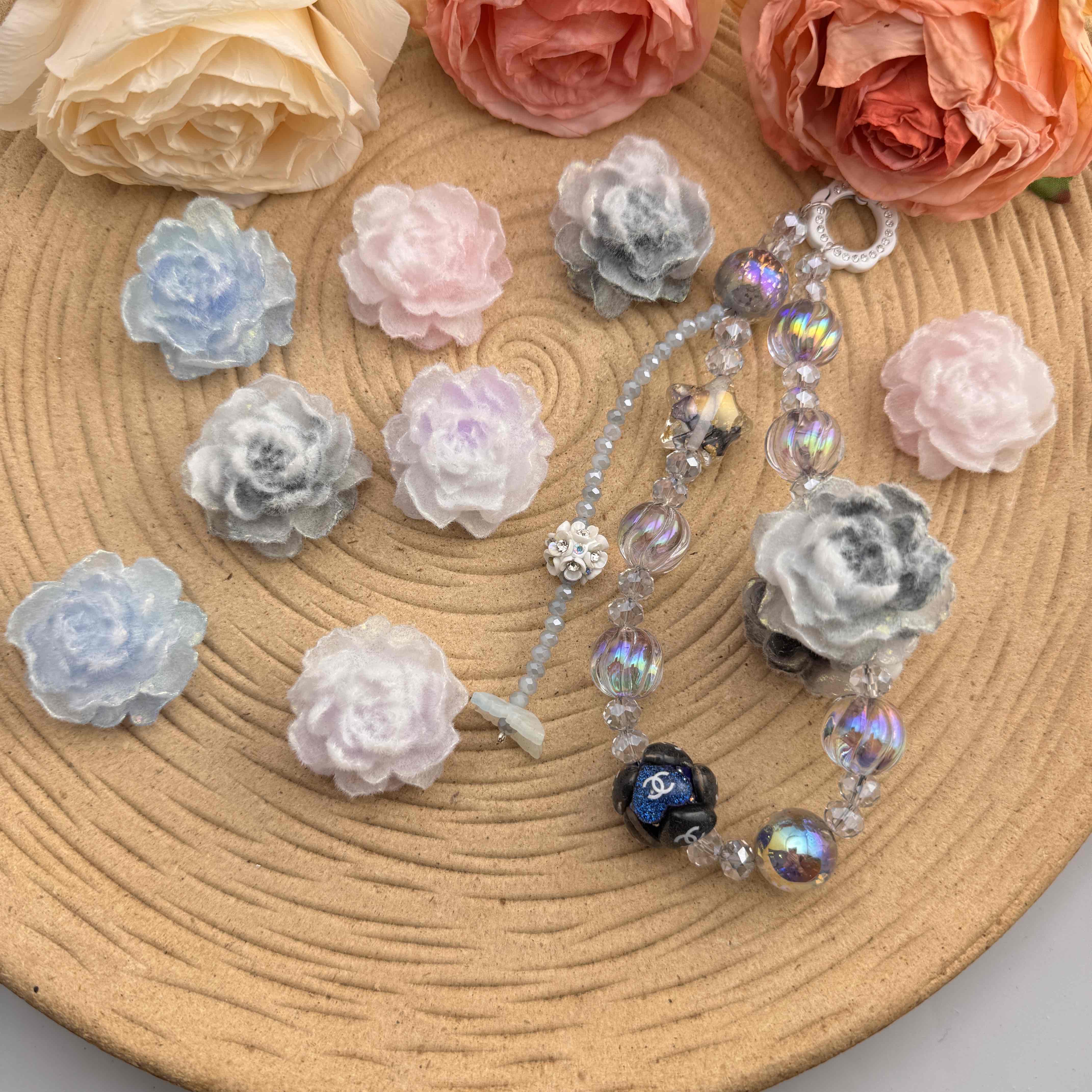 FS10057- 32mm Glowing Flocked Rose Flower For Making Fancy Beads Zoe DIY Wholesale