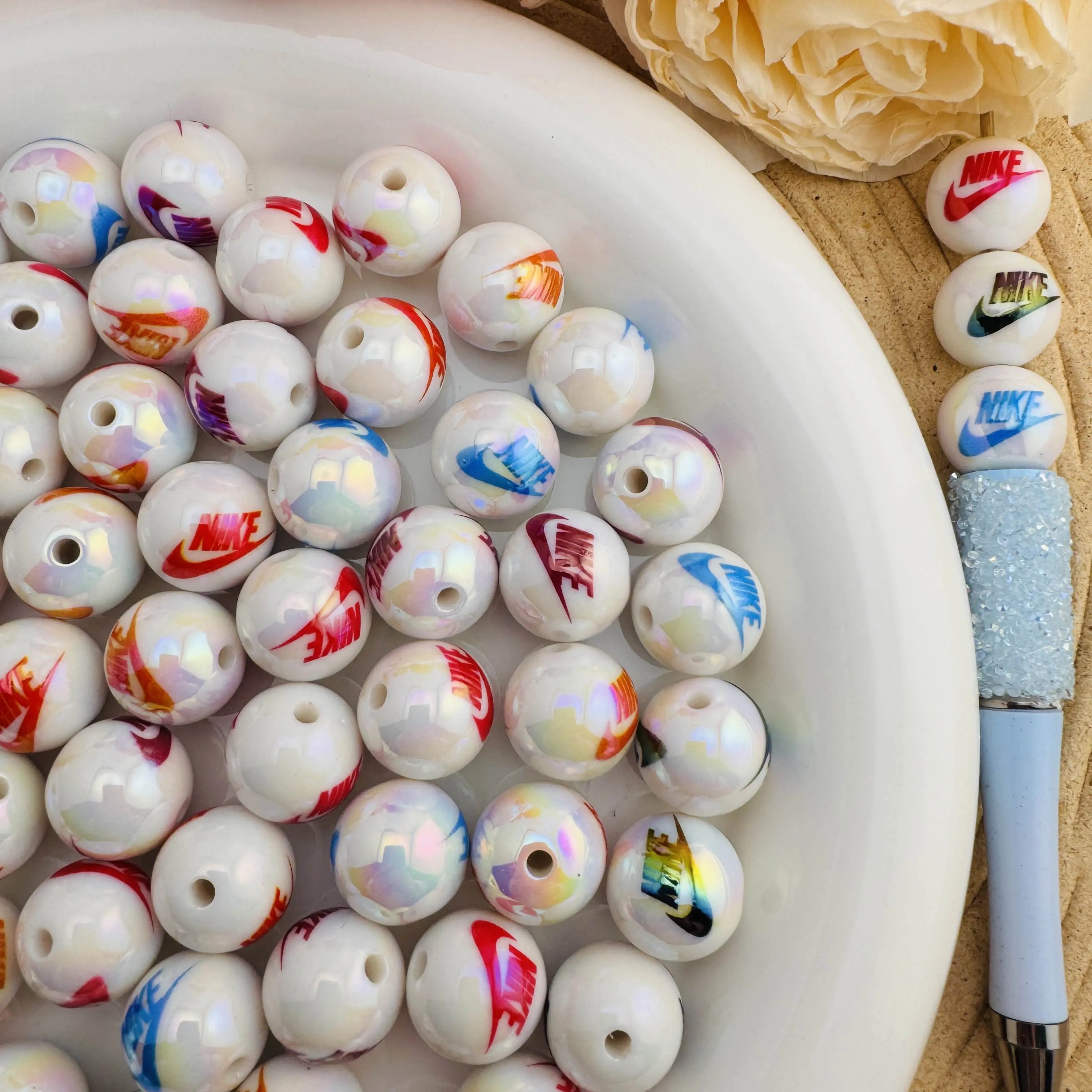 FS10086-Random Mixed Solid Color UV Coating Printed Acrylic Beads For Beadable Pens Keychain Making Zoe DIY Wholesale