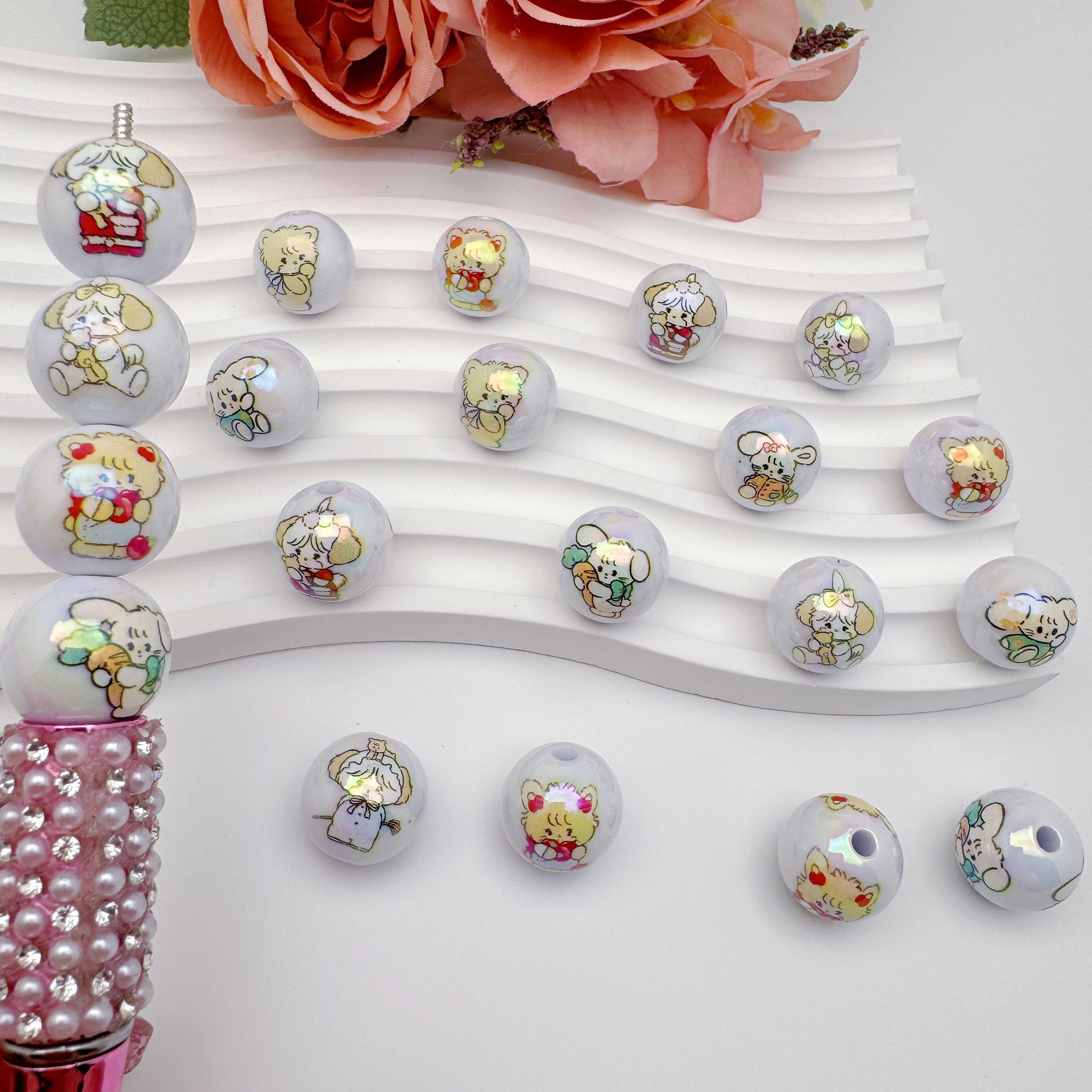 FS4259-Solid White Random Mixed mikoo Printed Acrylic Beads Fit For Beadable Pens