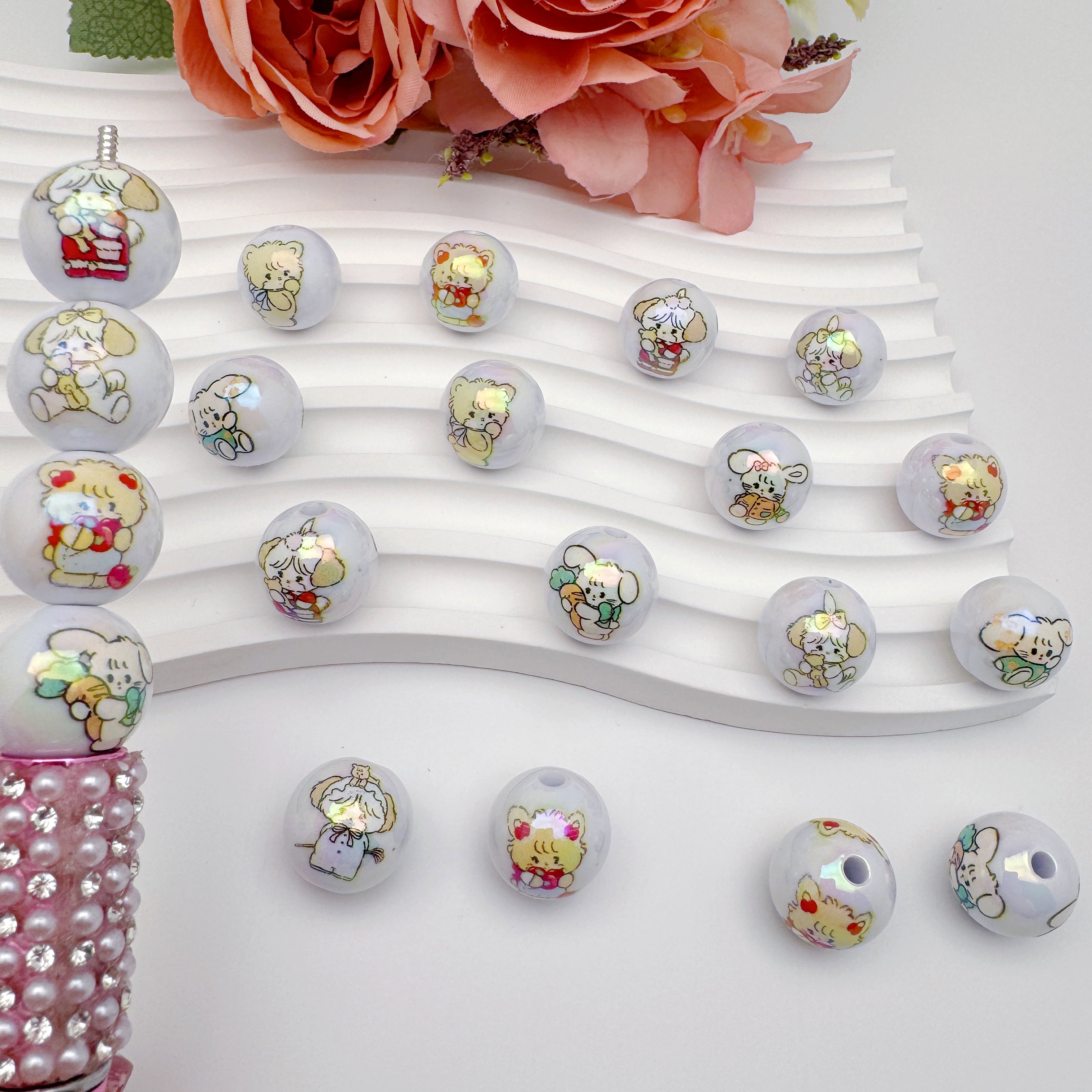 FS4259-Solid White Random Mixed mikoo Printed Acrylic Beads Fit For Beadable Pens