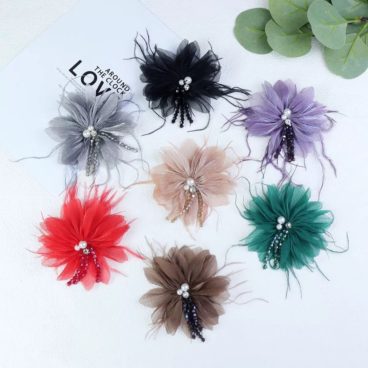 FS4005-Random Mixed Flower Fabric With Feathers For Making Fancy Beads