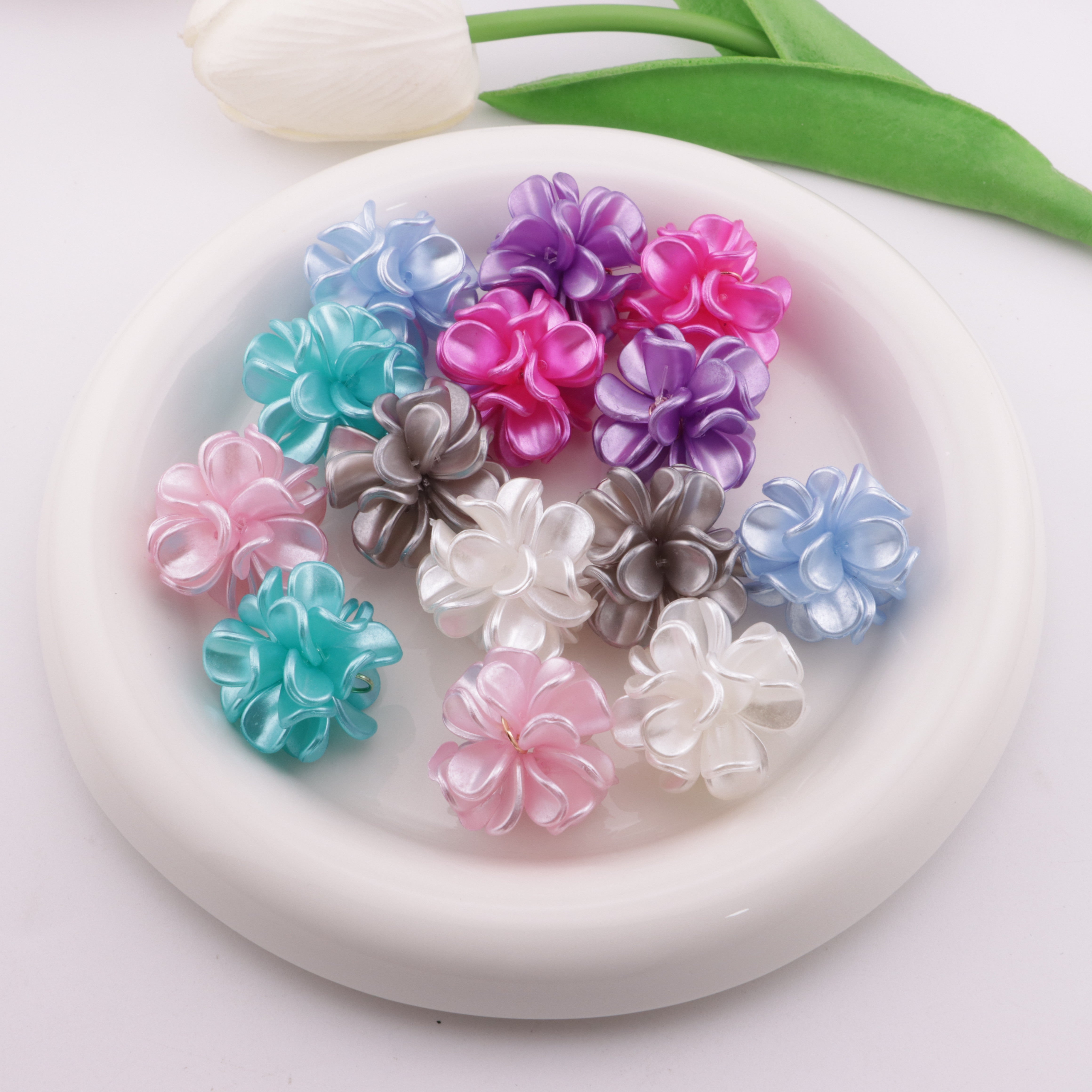 FS1013- 28MM Pearl Looking Flower Beads With Ring Connector Fit For Beadable Pens