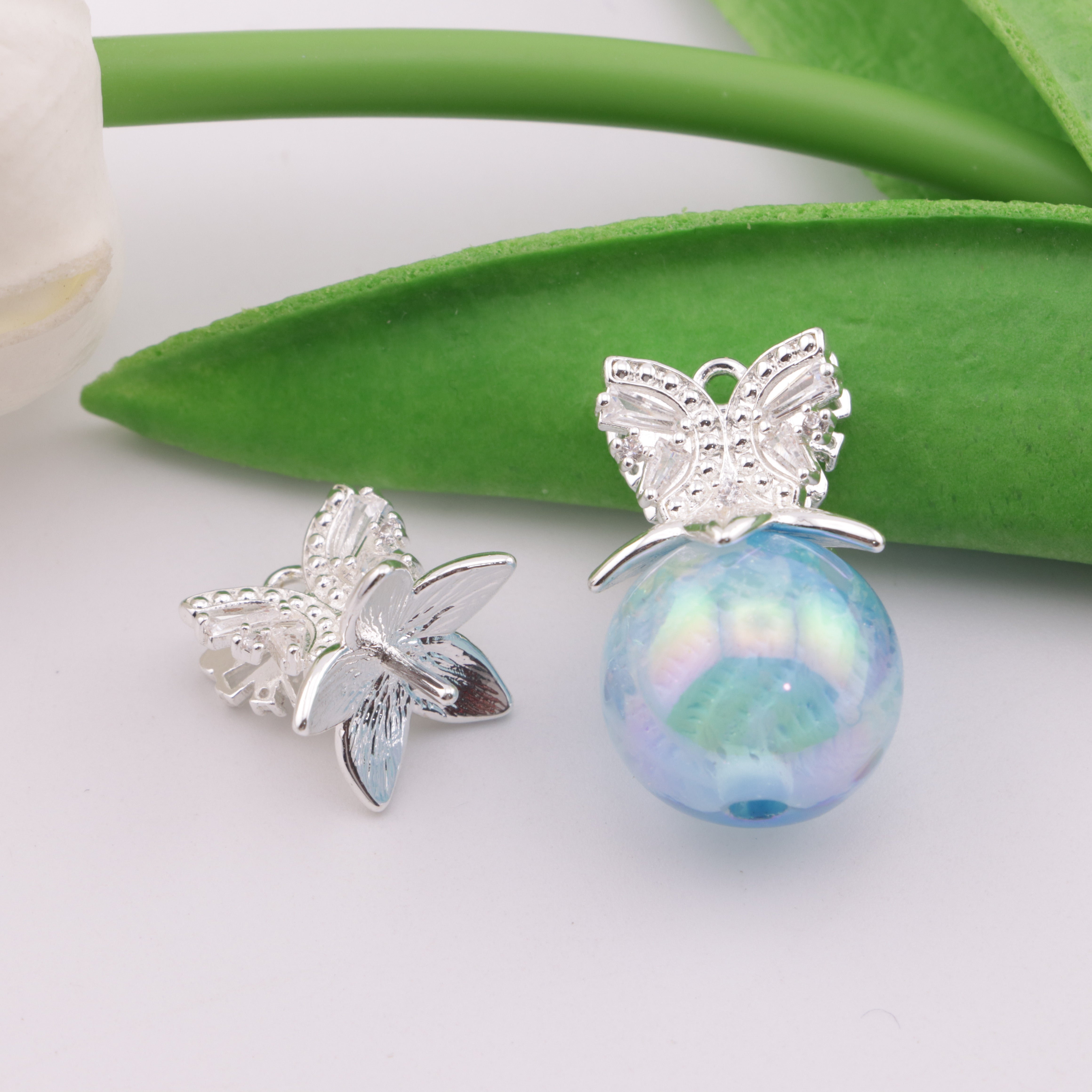 FS5289- Double Butterfly Pin Zircon Diamond Double-Sided Butterfly Pendant Pin - Compatible With Semi-Holed Beads Below 25mm