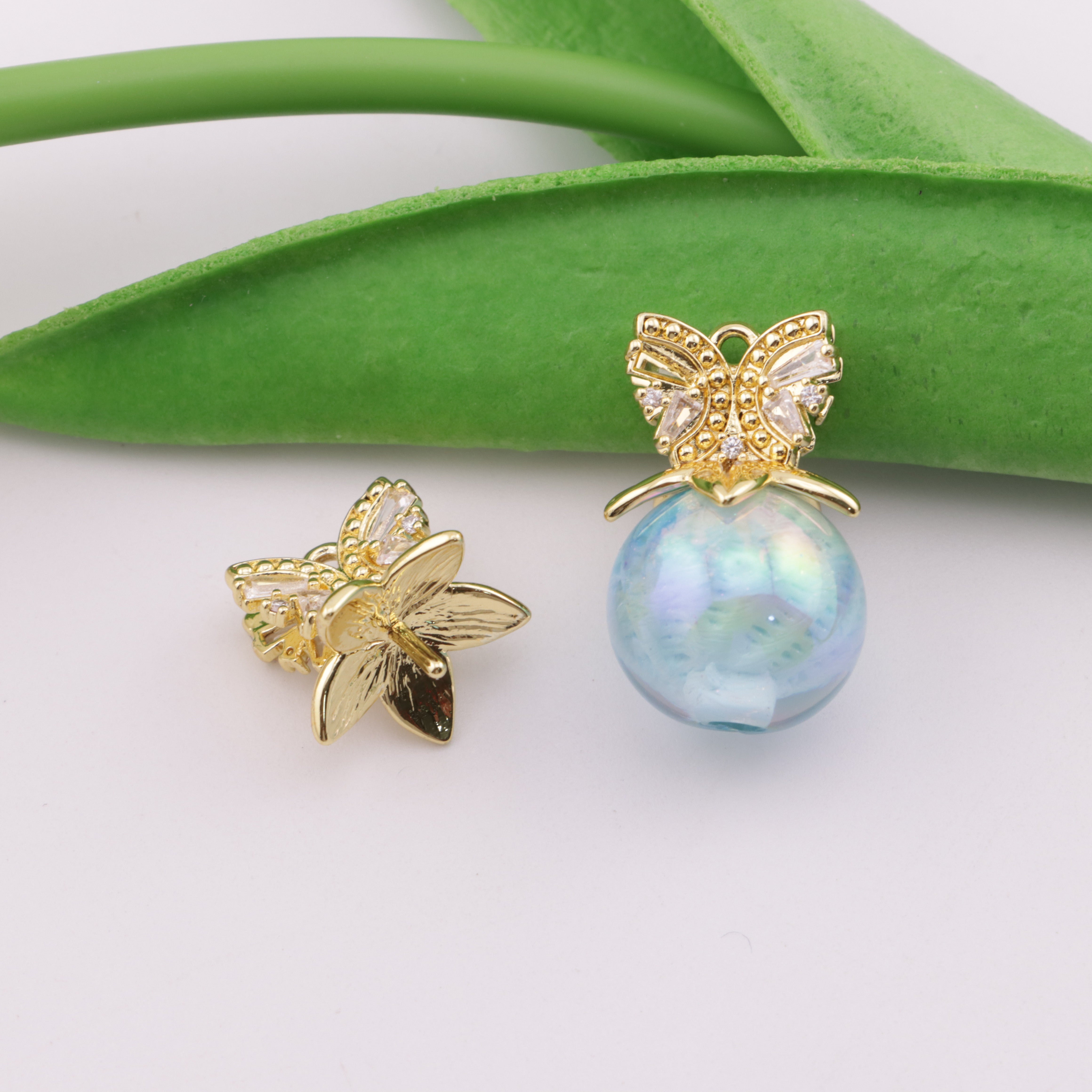 FS5289- Double Butterfly Pin Zircon Diamond Double-Sided Butterfly Pendant Pin - Compatible With Semi-Holed Beads Below 25mm
