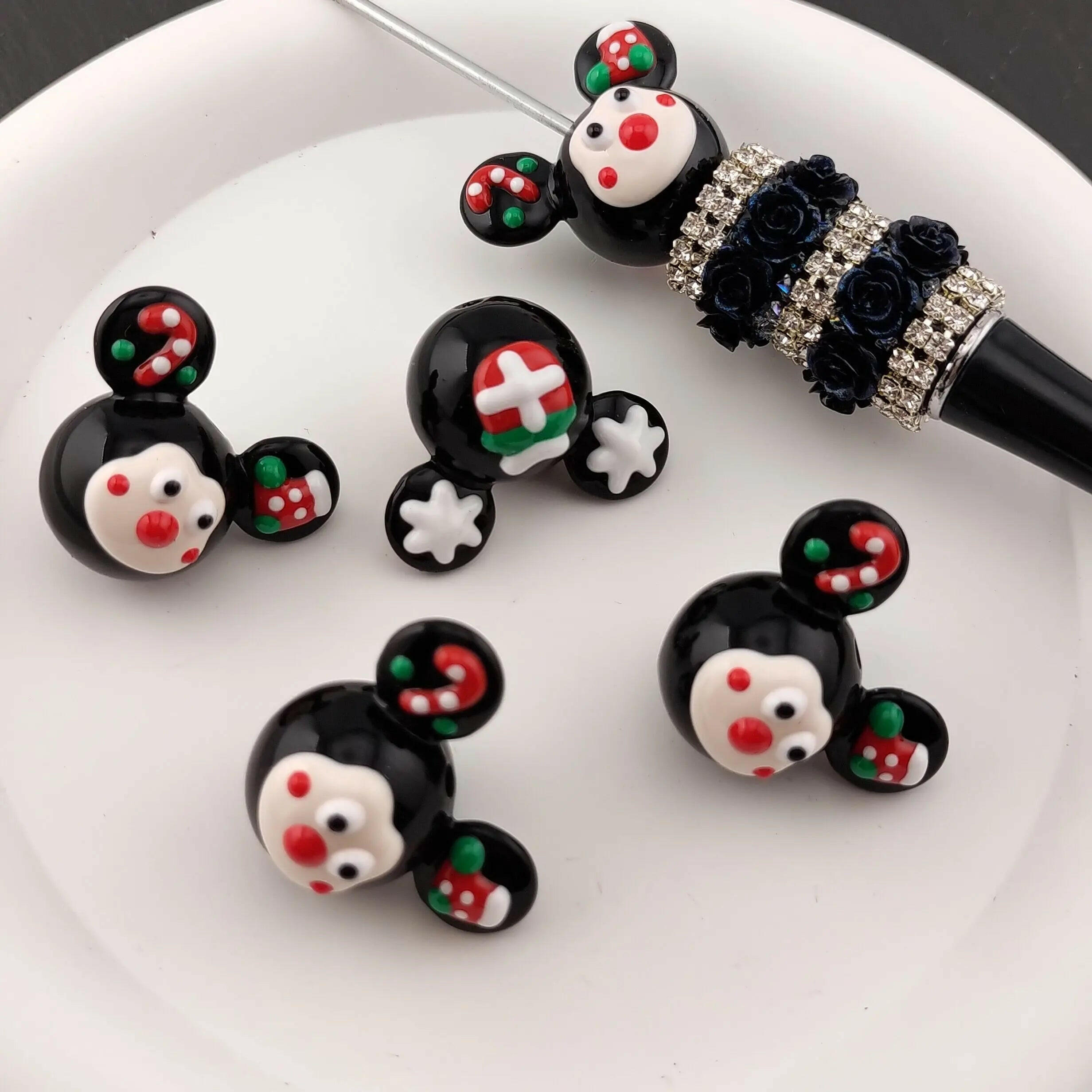 FS1833- 5PCS Christmas Mickey head hand-painted beads Fit For Beadable Pens Zoe's DIY Shop