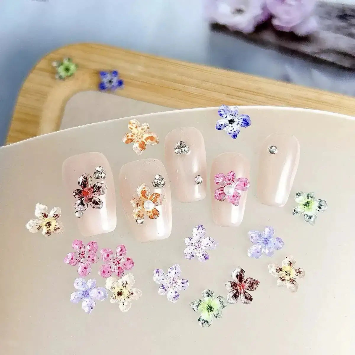 FS6517-9mm Transparent Printing Sakura Resin Nail Charms Nail Charms Floral Nail Art Charms Luminous Flower Charms for Nails Design Floral Charm Resin Flowers Manicure Decorations Blossom Petals For DIY Project -Zoe DIY Wholesale