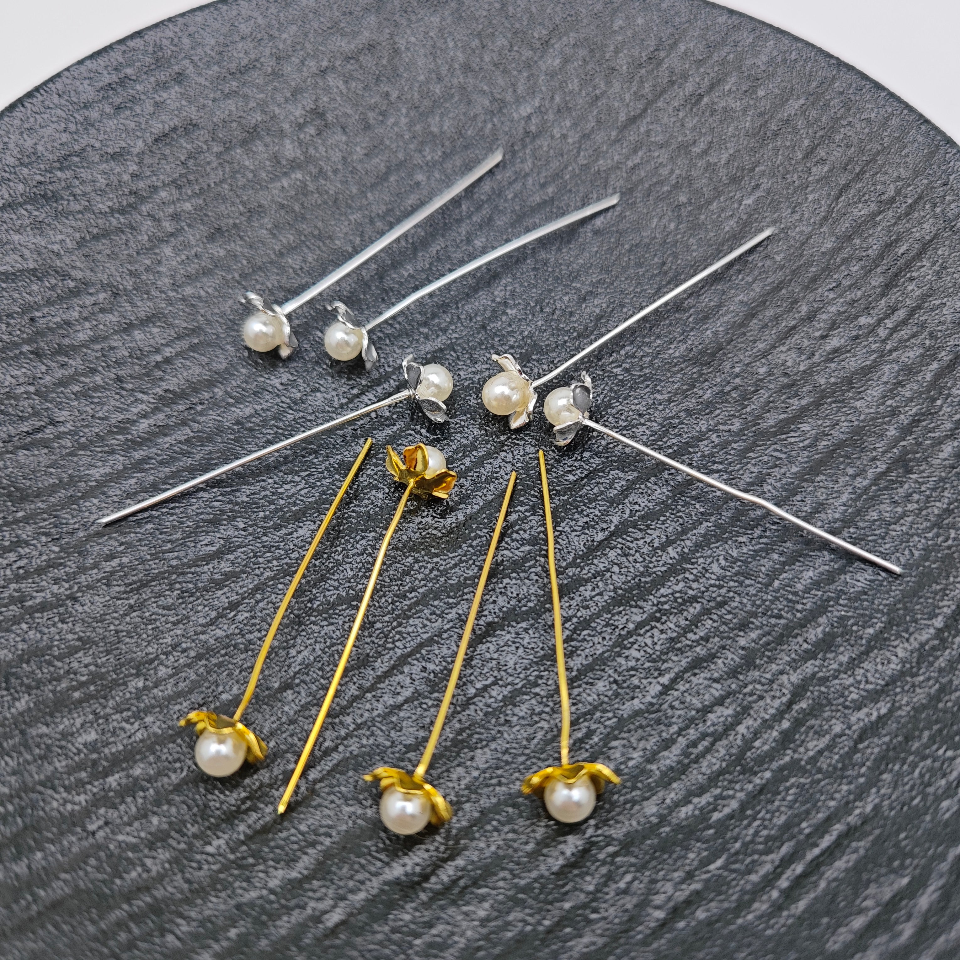 FS5129-45mm Pin With Pearl and Flower , Pin Body long 40mm