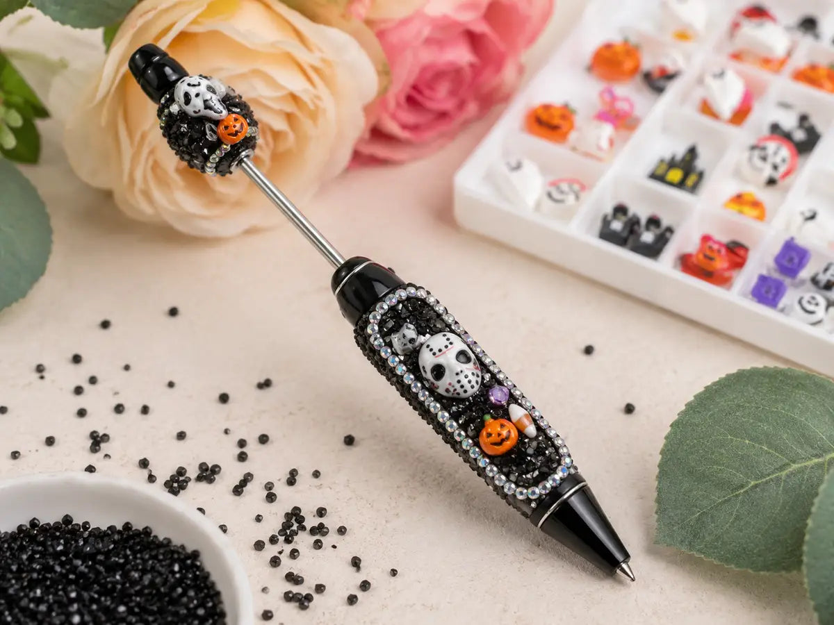 Decorating Pens for Halloween: Rhinestone Chain, Charms, and Black Sugar Crystal