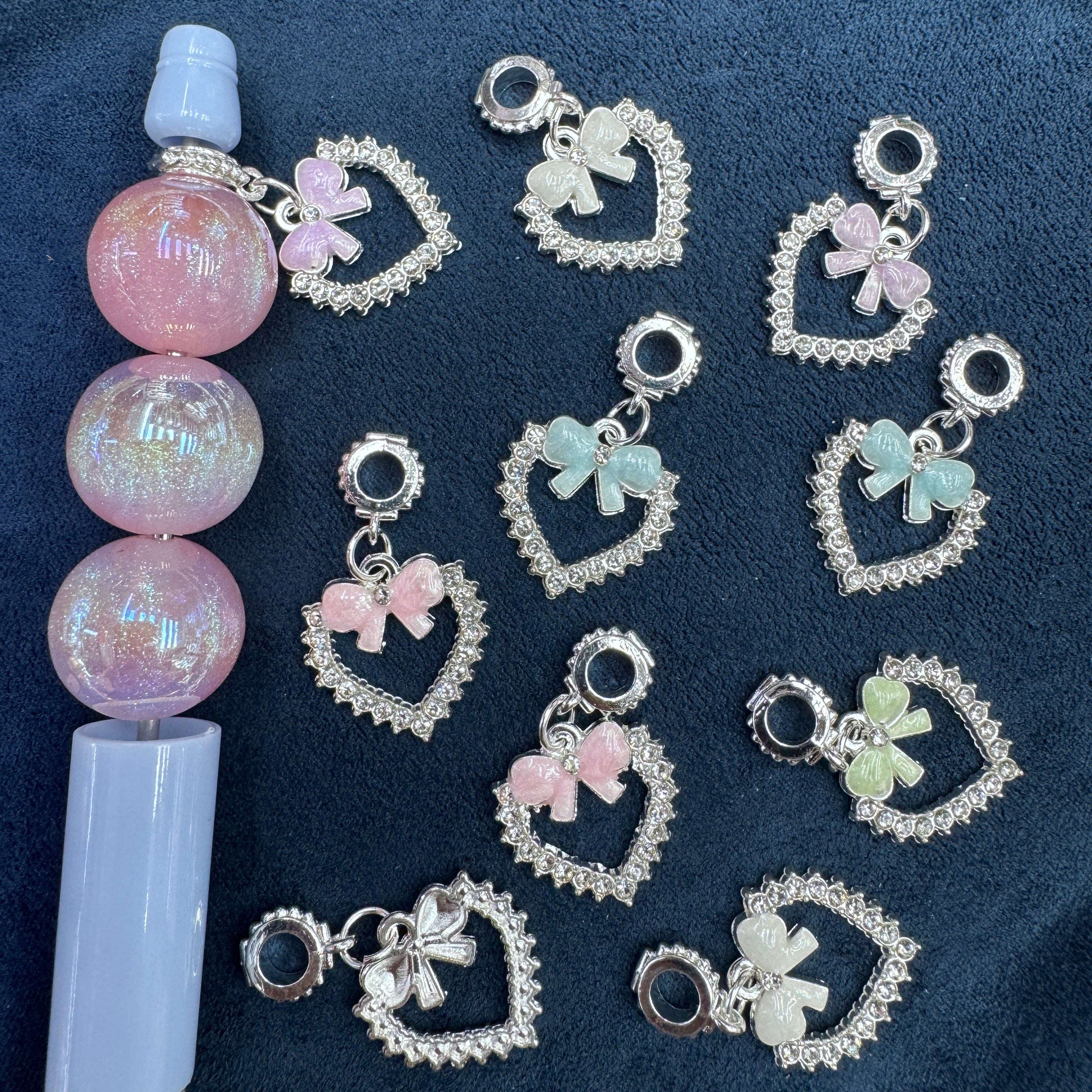 Shiny Silver Rhinestone Hollow Heart Bow Enamel Shaped Metal Charms Random Mix For Pen Toppers