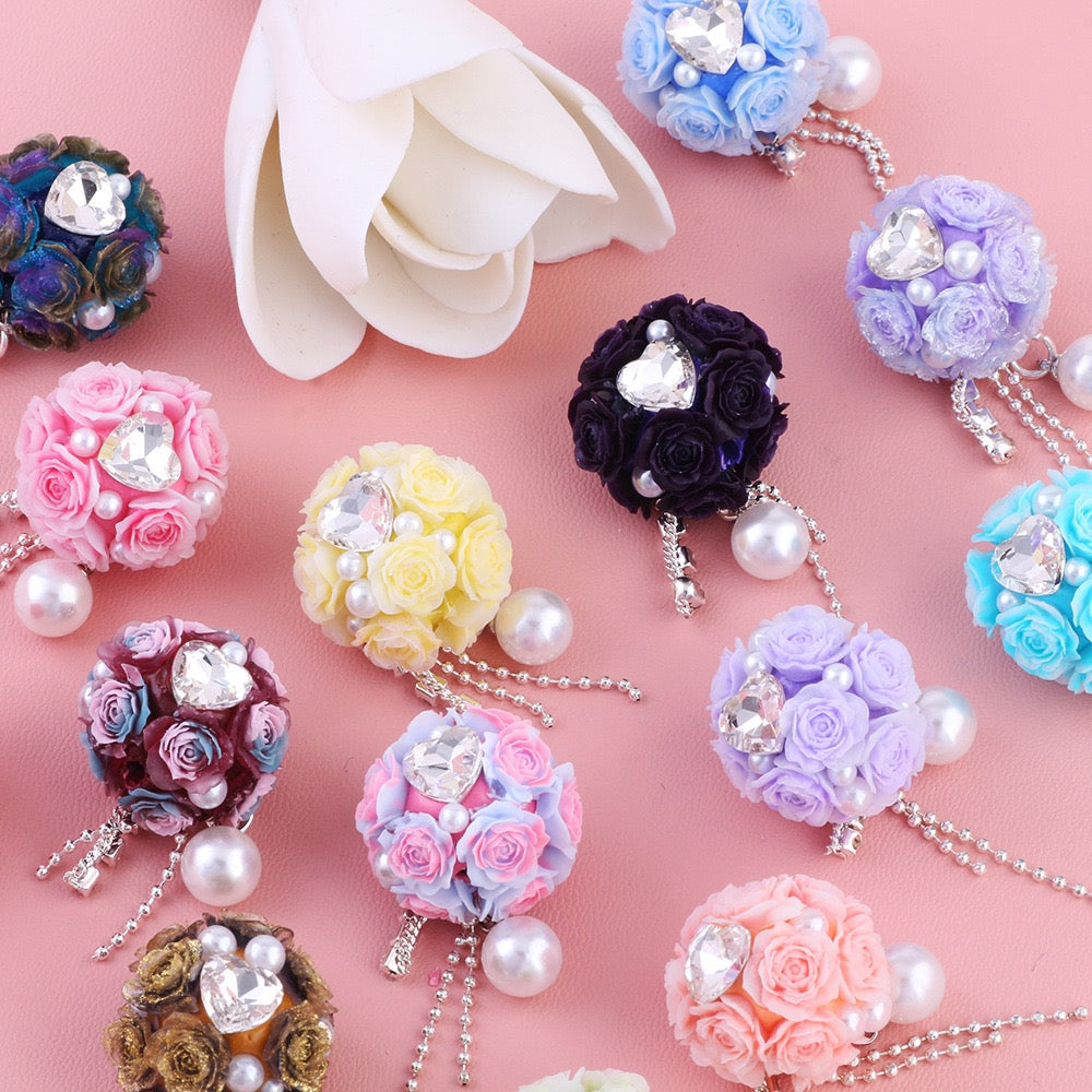 Mini Cute Flowers Clear Heart Diamond Clear Rhinestone Chain White Pearl Pendant Round Clay Beads
