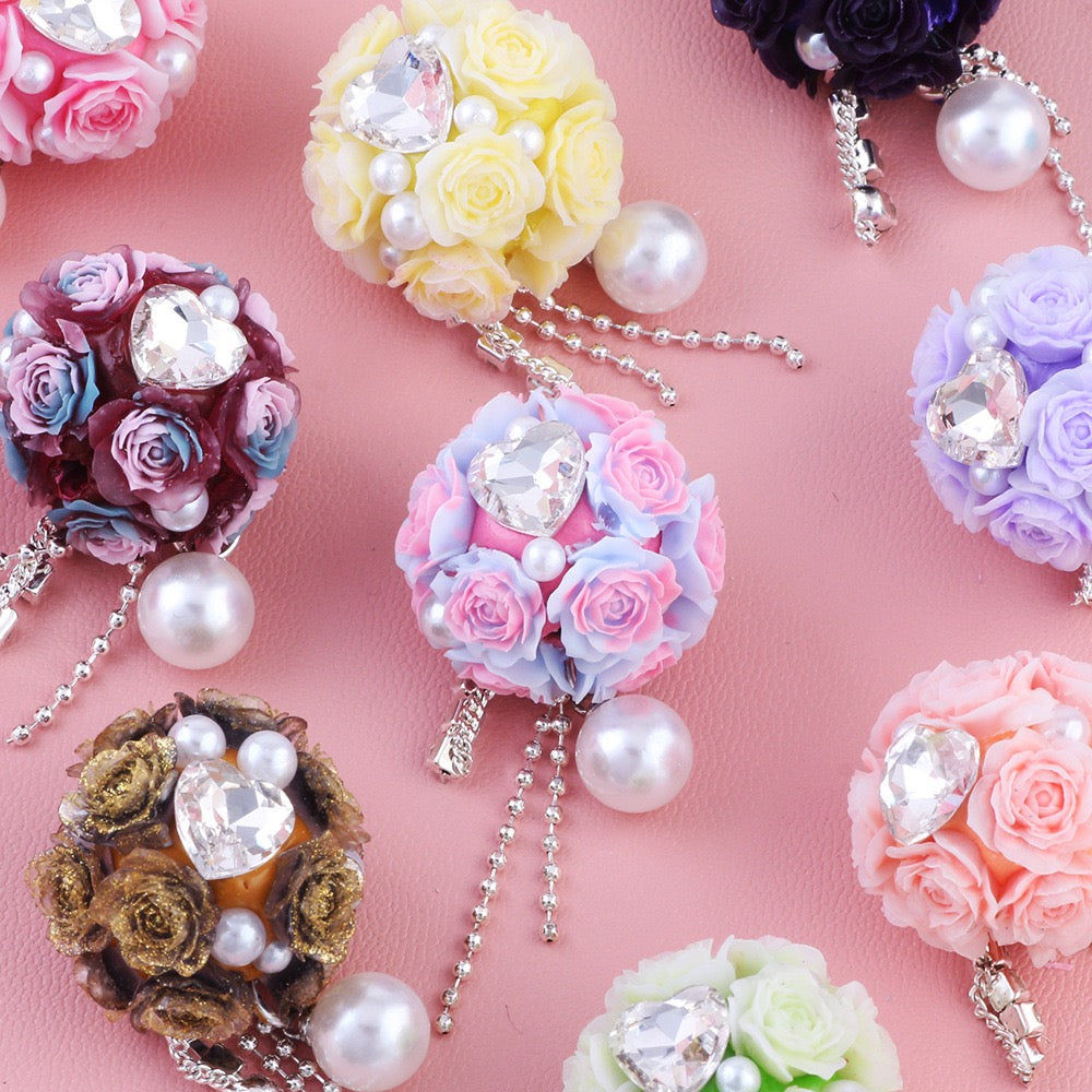 Mini Cute Flowers Clear Heart Diamond Clear Rhinestone Chain White Pearl Pendant Round Clay Beads