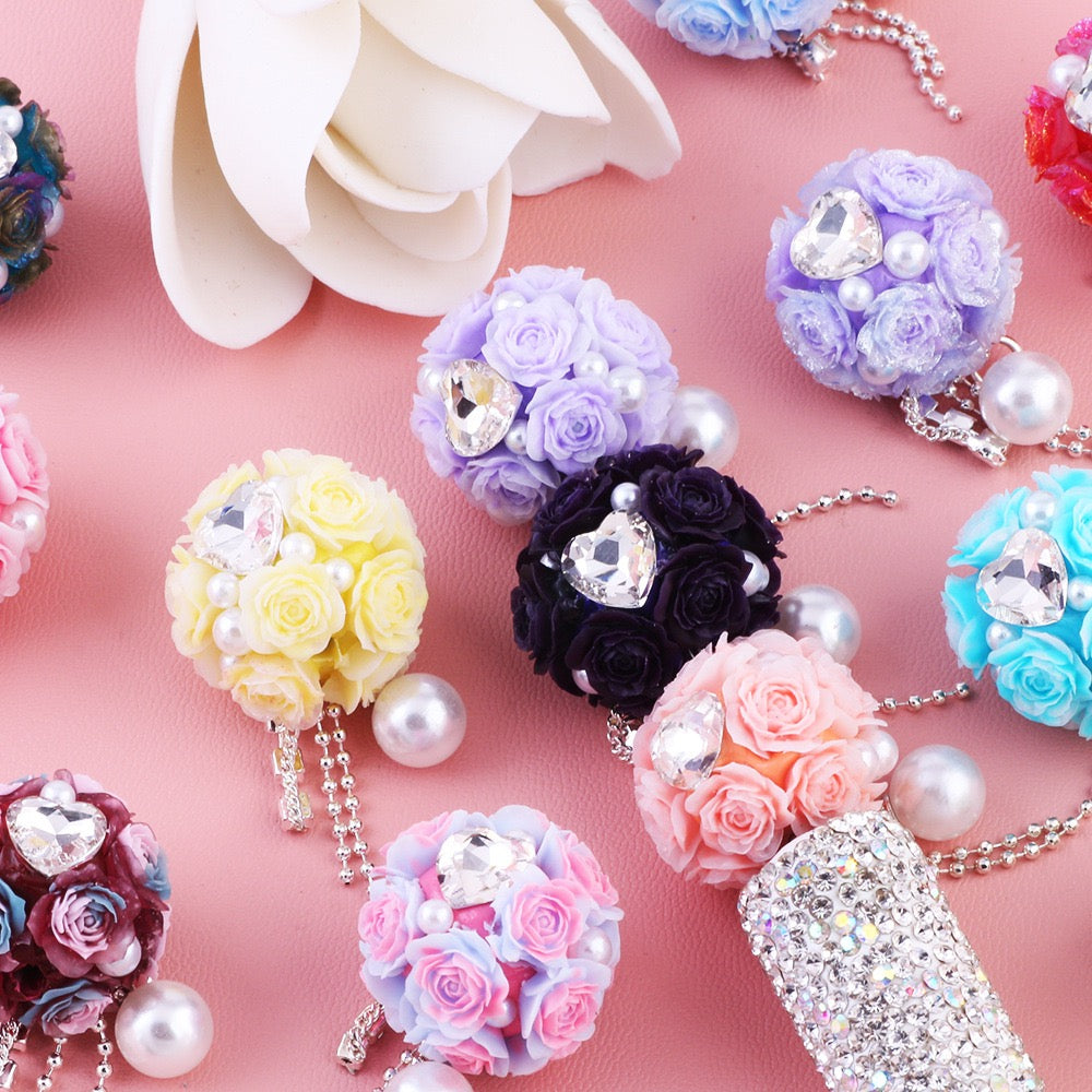 Mini Cute Flowers Clear Heart Diamond Clear Rhinestone Chain White Pearl Pendant Round Clay Beads