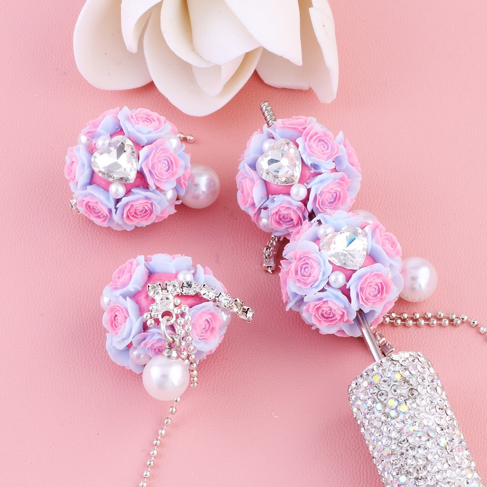 Mini Cute Flowers Clear Heart Diamond Clear Rhinestone Chain White Pearl Pendant Round Clay Beads