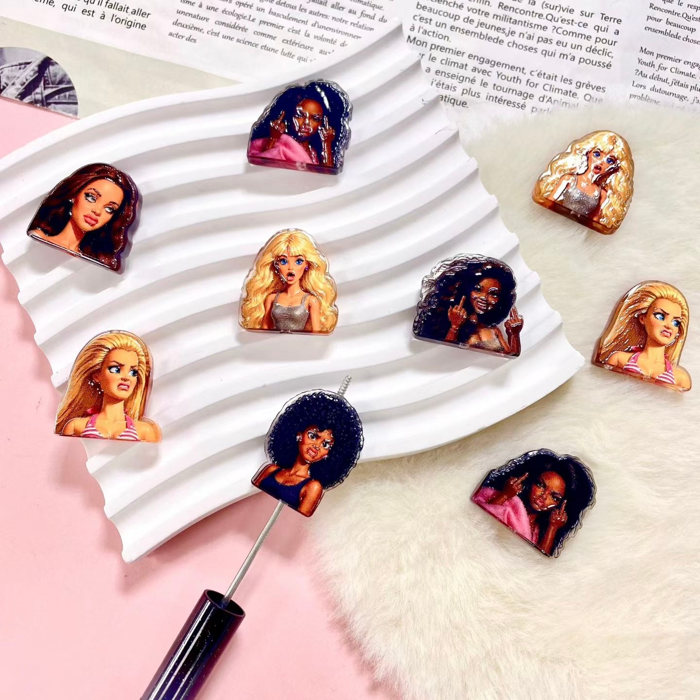 Vintage American Girl Portrait Acrylic Focal Beads For Pen Toppers ,Random Mix