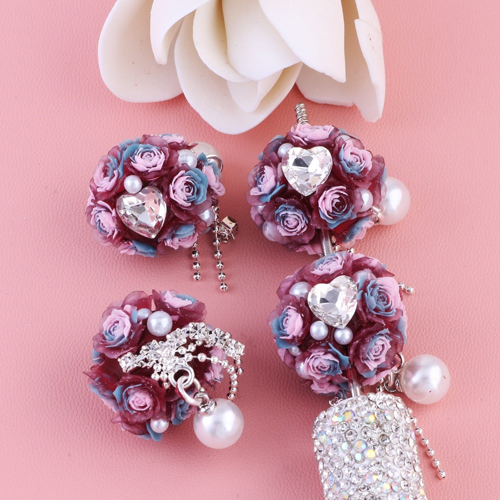 Mini Cute Flowers Clear Heart Diamond Clear Rhinestone Chain White Pearl Pendant Round Clay Beads