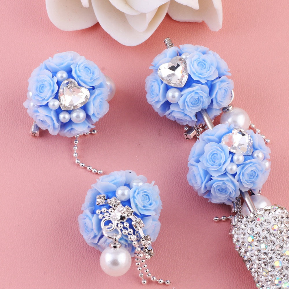 Mini Cute Flowers Clear Heart Diamond Clear Rhinestone Chain White Pearl Pendant Round Clay Beads