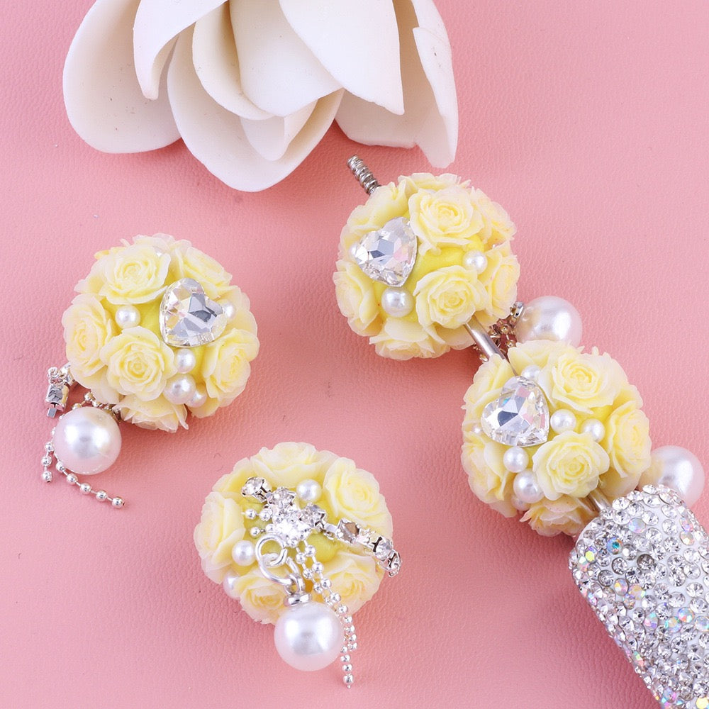 Mini Cute Flowers Clear Heart Diamond Clear Rhinestone Chain White Pearl Pendant Round Clay Beads