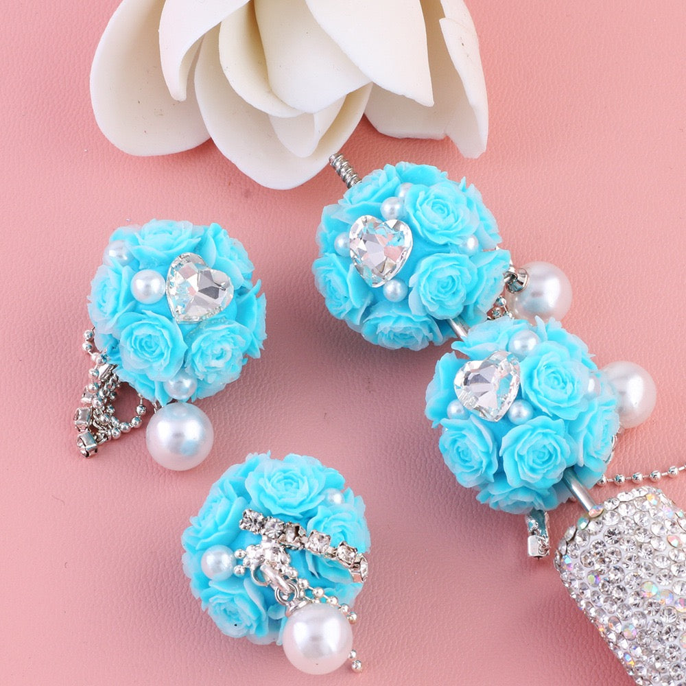 Mini Cute Flowers Clear Heart Diamond Clear Rhinestone Chain White Pearl Pendant Round Clay Beads