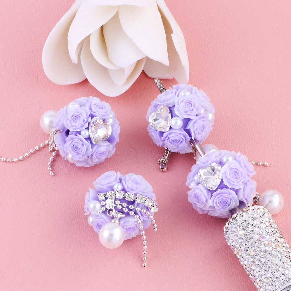 Mini Cute Flowers Clear Heart Diamond Clear Rhinestone Chain White Pearl Pendant Round Clay Beads