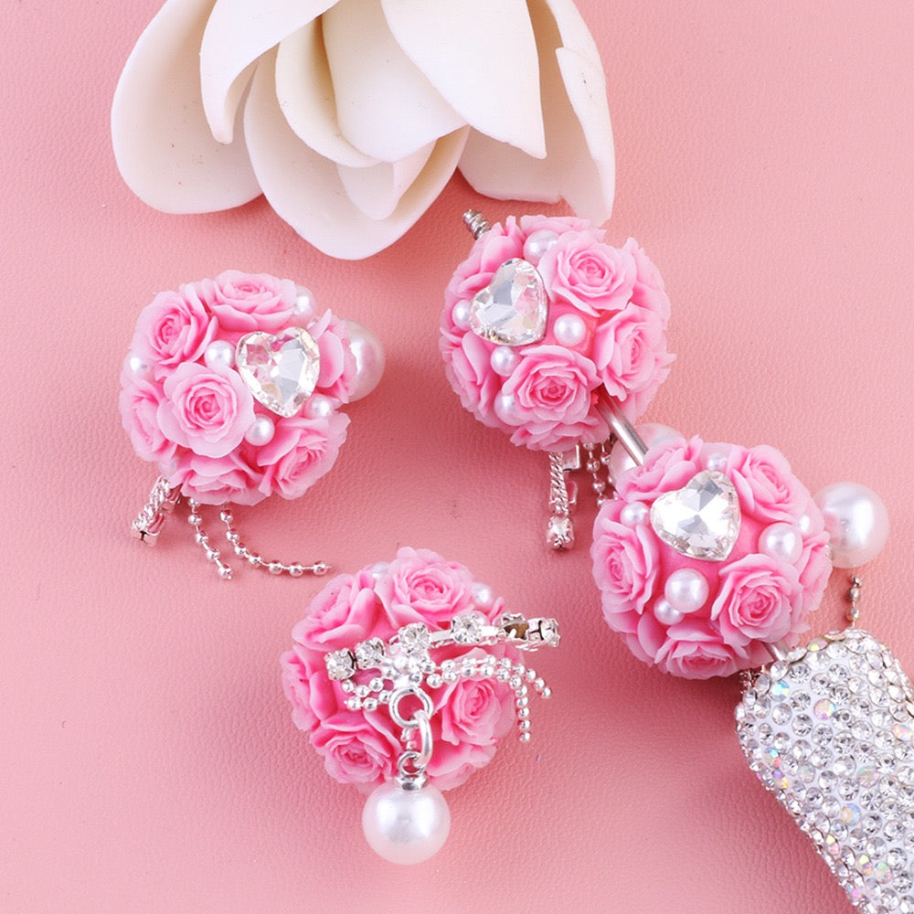 Mini Cute Flowers Clear Heart Diamond Clear Rhinestone Chain White Pearl Pendant Round Clay Beads