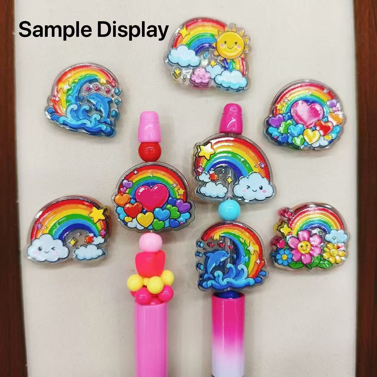 Rainbow Acrylic Beads, Heart Cloud Flower Dolphin Prints, Semi-Clear, For Pen Toppers,Random Mix