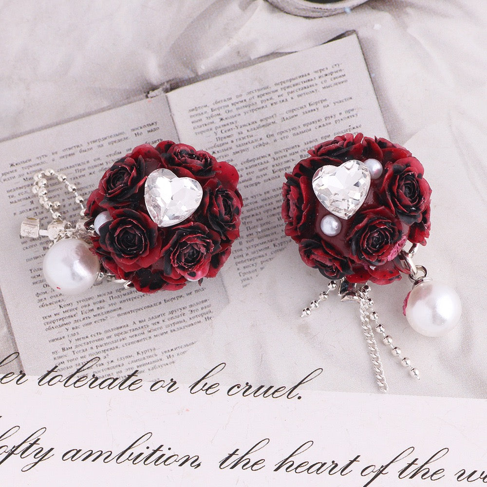 Mini Cute Flowers Clear Heart Diamond Clear Rhinestone Chain White Pearl Pendant Round Clay Beads