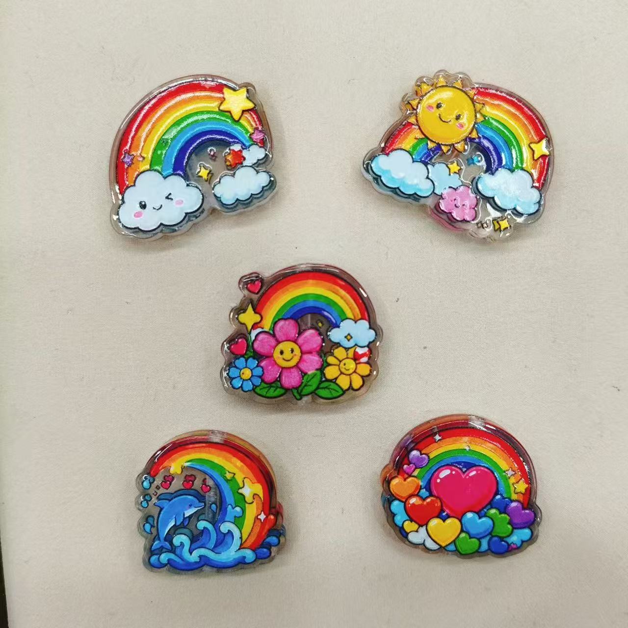 Rainbow Acrylic Beads, Heart Cloud Flower Dolphin Prints, Semi-Clear, For Pen Toppers,Random Mix