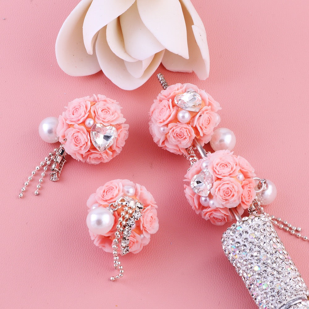 Mini Cute Flowers Clear Heart Diamond Clear Rhinestone Chain White Pearl Pendant Round Clay Beads