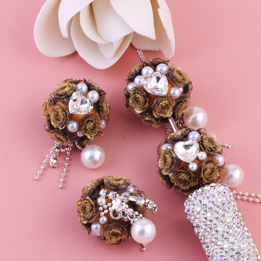 Mini Cute Flowers Clear Heart Diamond Clear Rhinestone Chain White Pearl Pendant Round Clay Beads