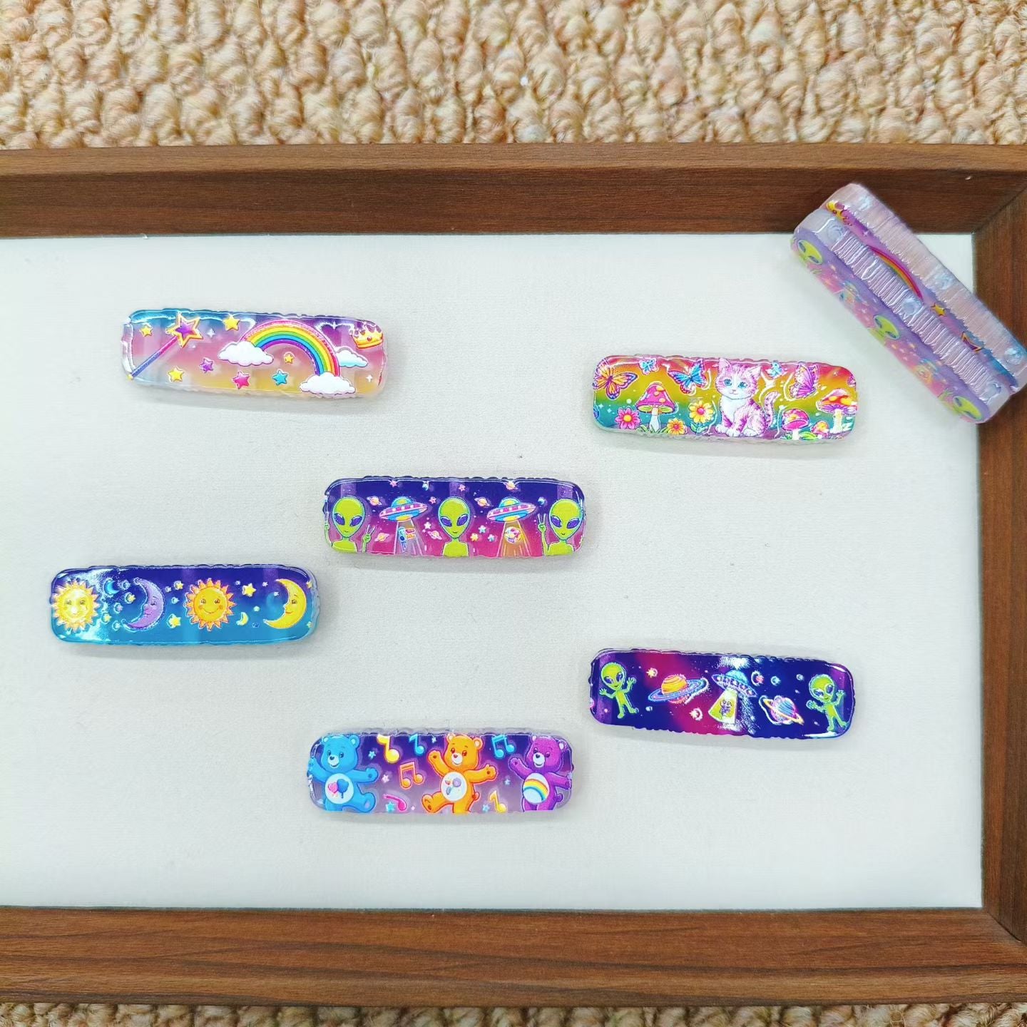Long bar shape with wavy scalloped edge 3 Hole Acrylic Beads,Rainbow Cat Sun‑Moon Bears,For Keychain,Random Mix