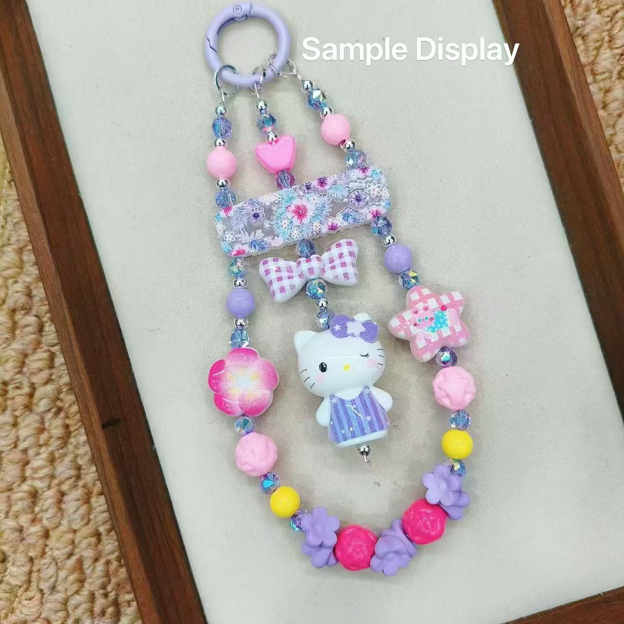 Long bar shape with wavy scalloped edge 3 Hole Acrylic Beads,Rainbow Cat Sun‑Moon Bears,For Keychain,Random Mix