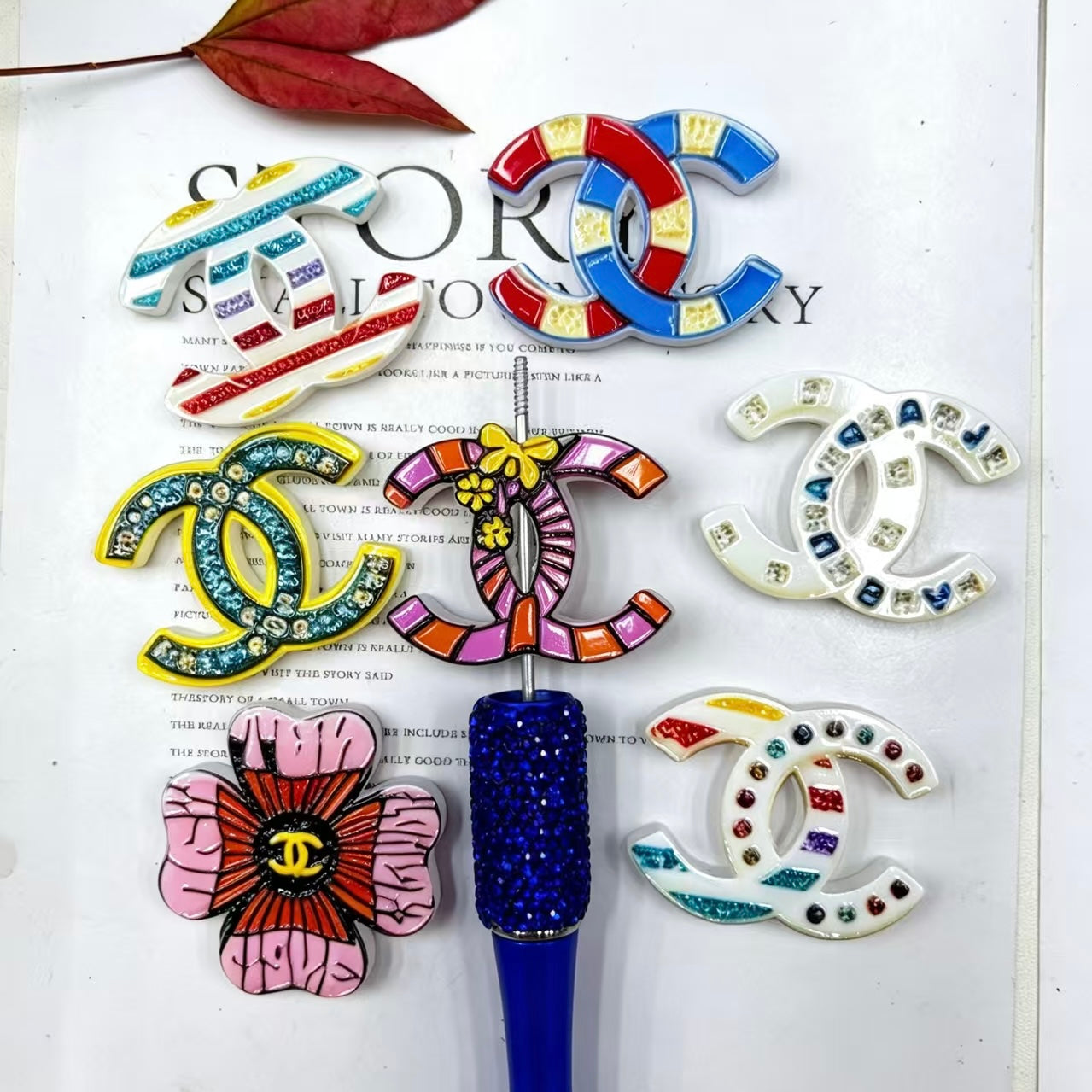 Embossed Colorful Symbol Acrylic Focal Beads ,Random Mix