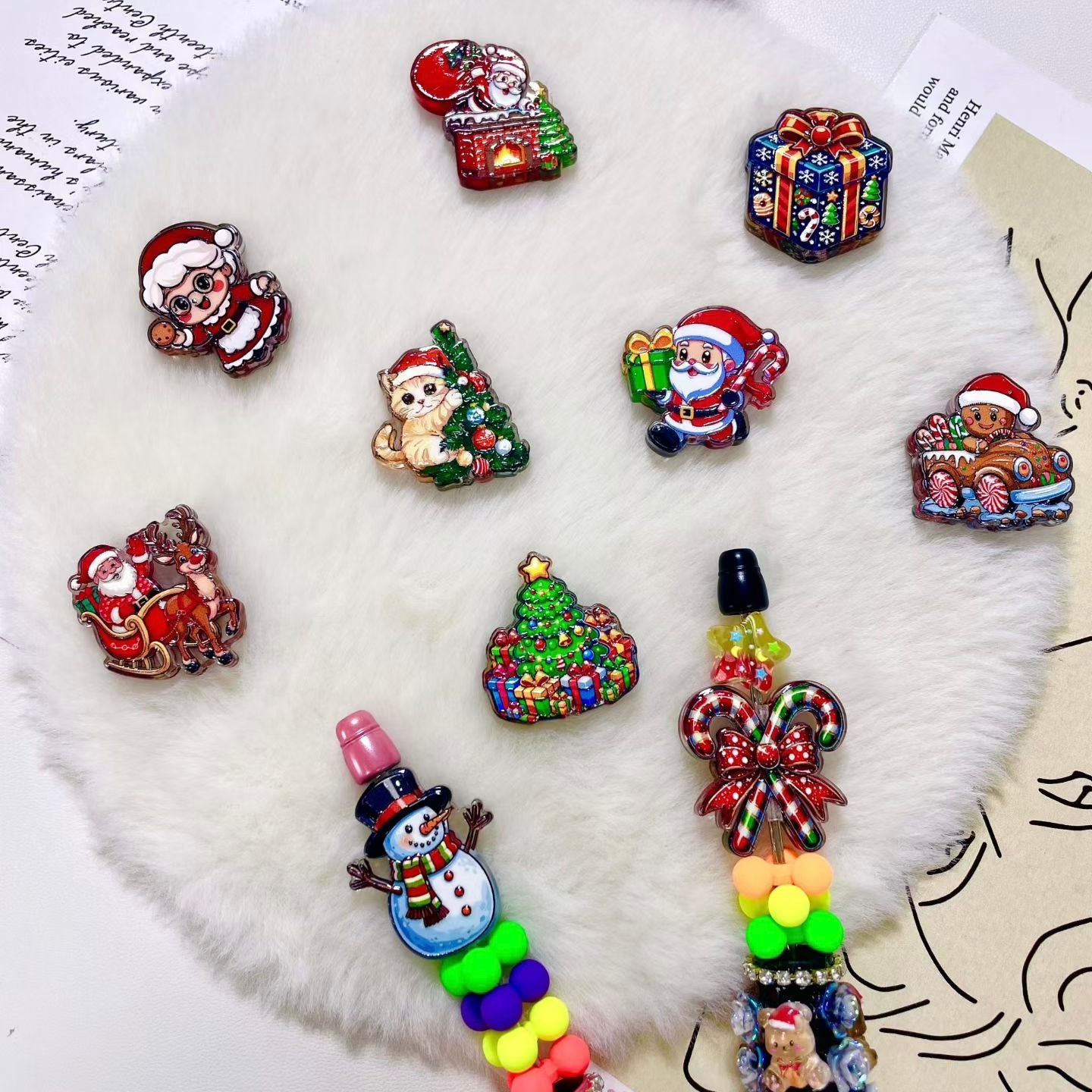 Santa Claus Snowman Christmas Tree Flat Back Acrylic Focal Beads For Pen Toppers,Random Mix