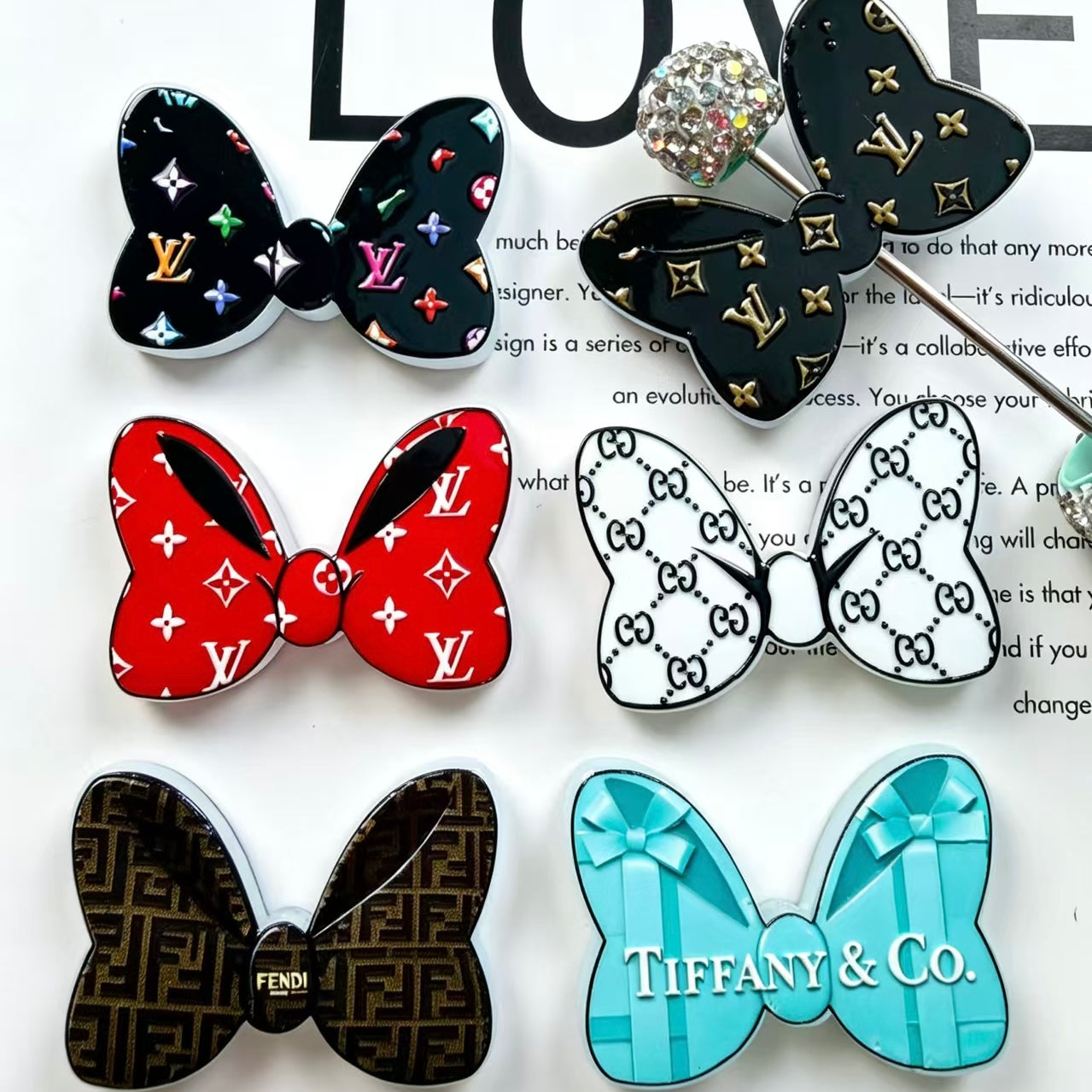 Printed Bow Acrylic Focal Bead,For Pen Toppers,Random Mix