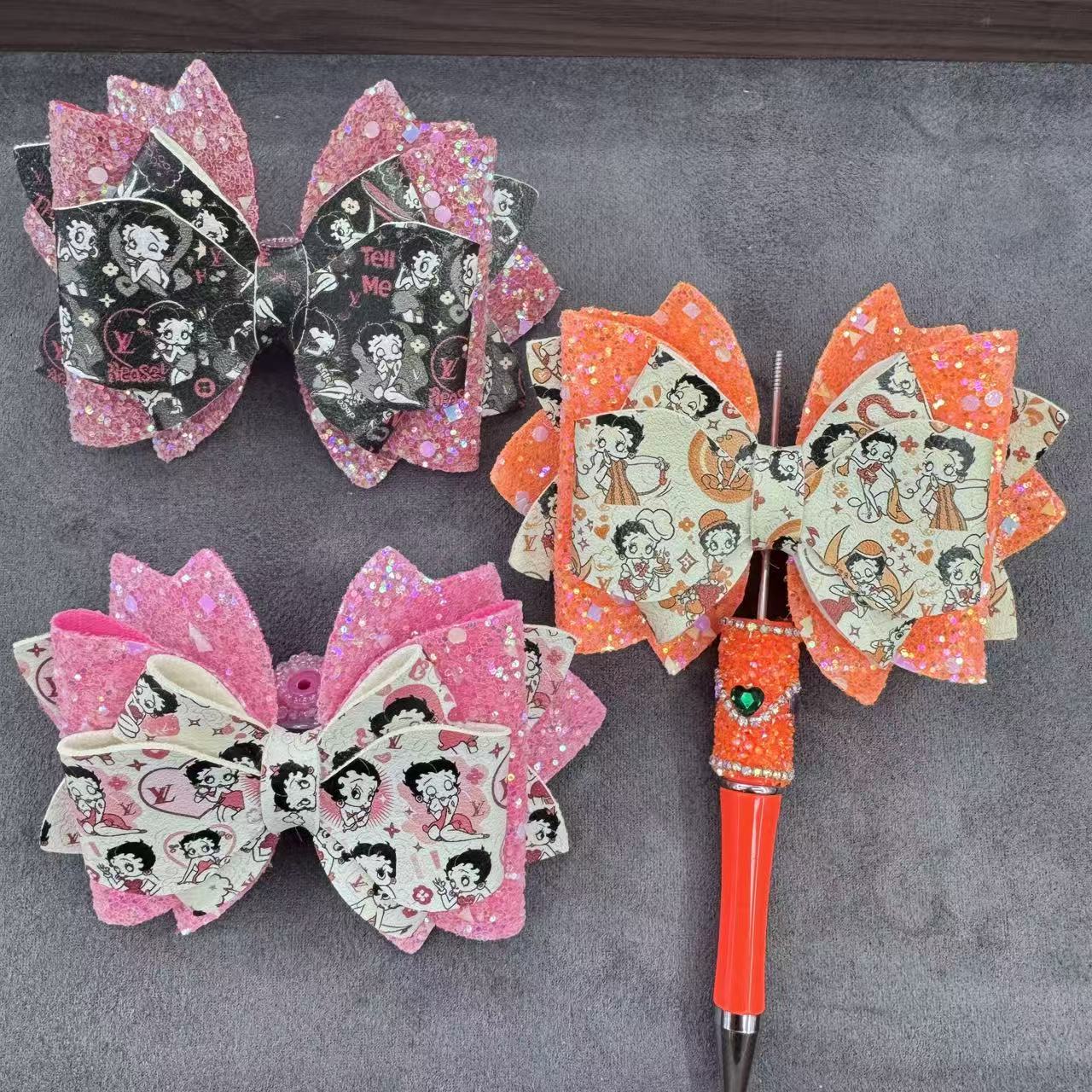 Cartoon Printed Sequin Double-Sided Sugar Bow Beads for Bead Stringing Pens, Random Mix