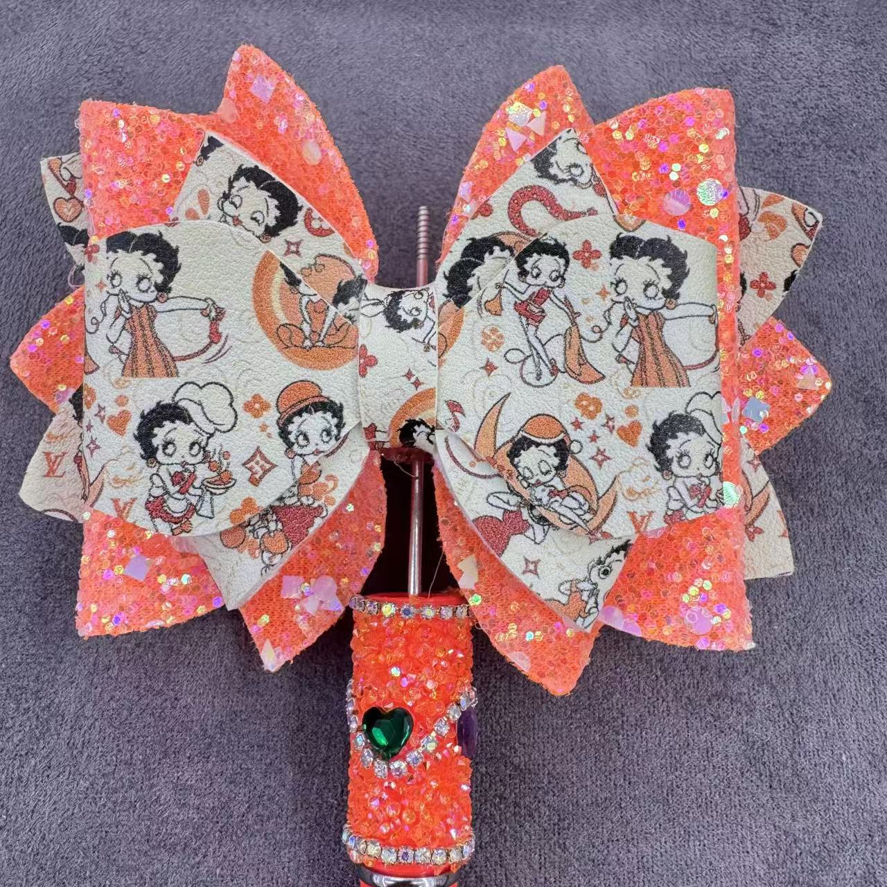 Cartoon Printed Sequin Double-Sided Sugar Bow Beads for Bead Stringing Pens, Random Mix