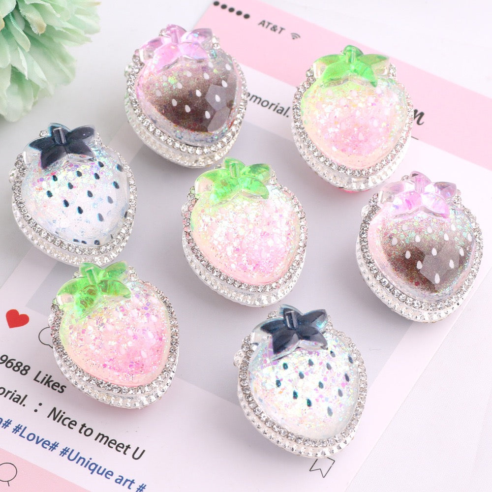 Silver Color Metal Beads with Glittery Strawberry Design and Clear Rhinestones