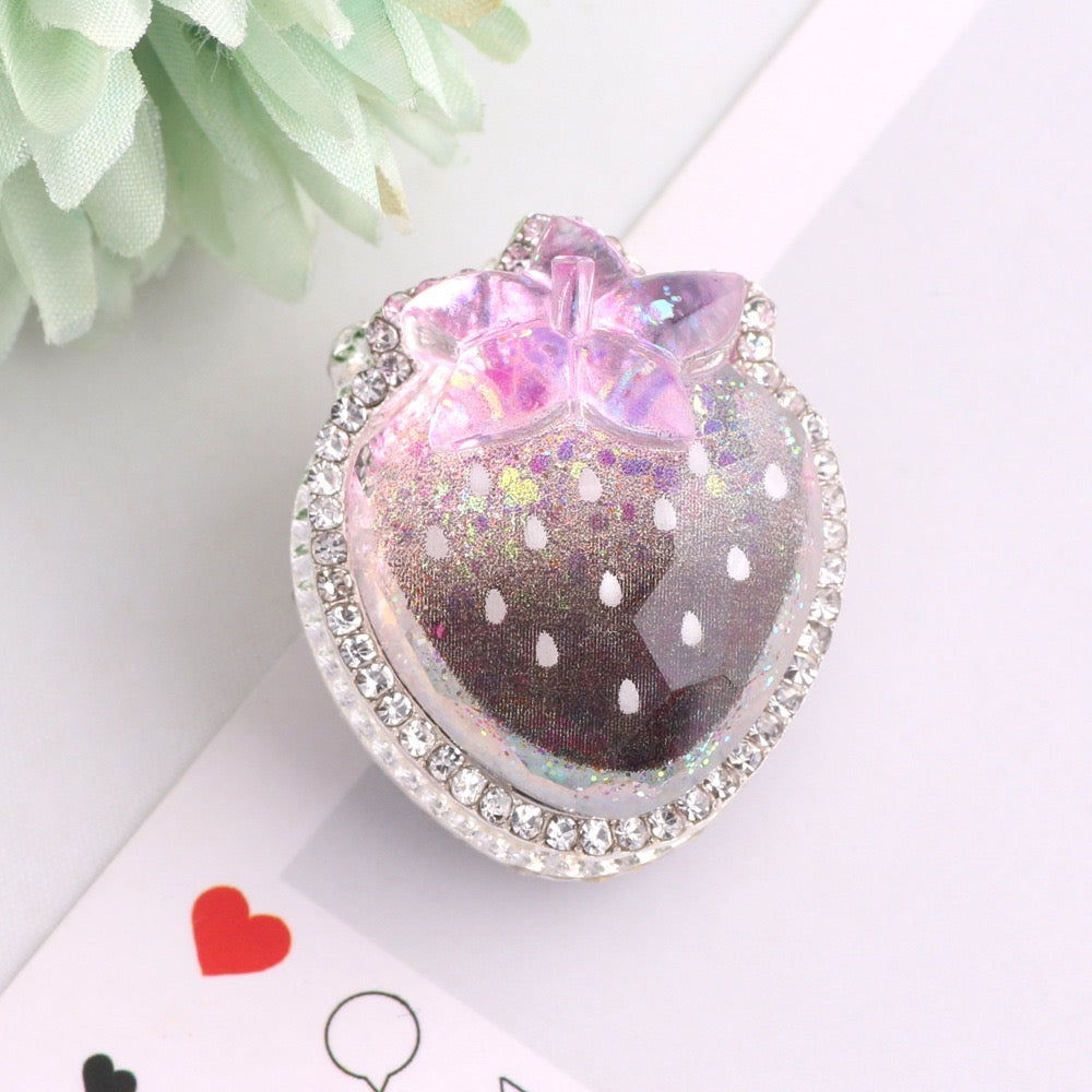 Silver Color Metal Beads with Glittery Strawberry Design and Clear Rhinestones