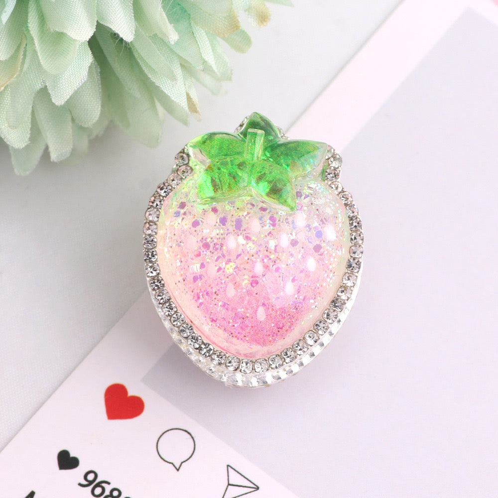 Silver Color Metal Beads with Glittery Strawberry Design and Clear Rhinestones