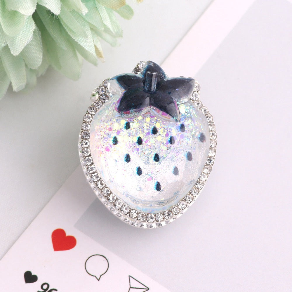 Silver Color Metal Beads with Glittery Strawberry Design and Clear Rhinestones