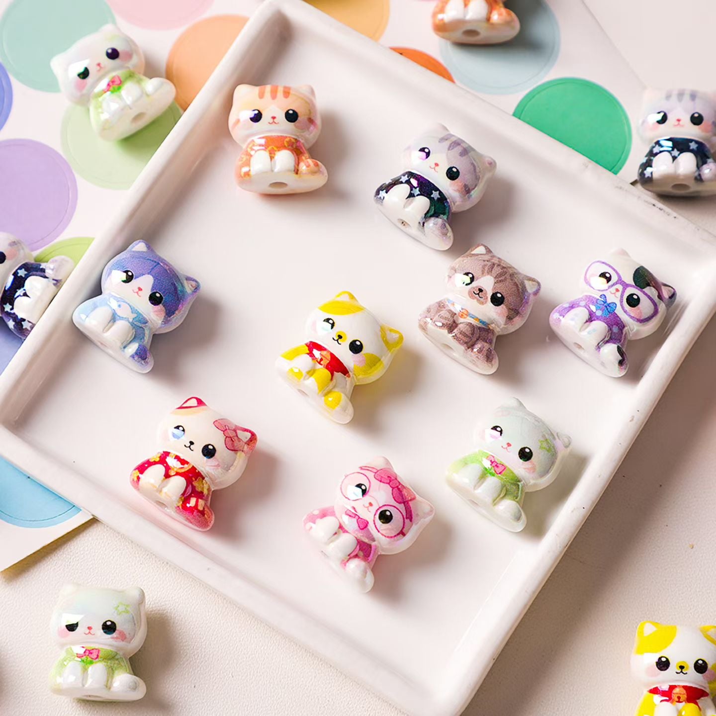 Acrylic Beads Cute Cat Character in Various Clothes, Random Mix