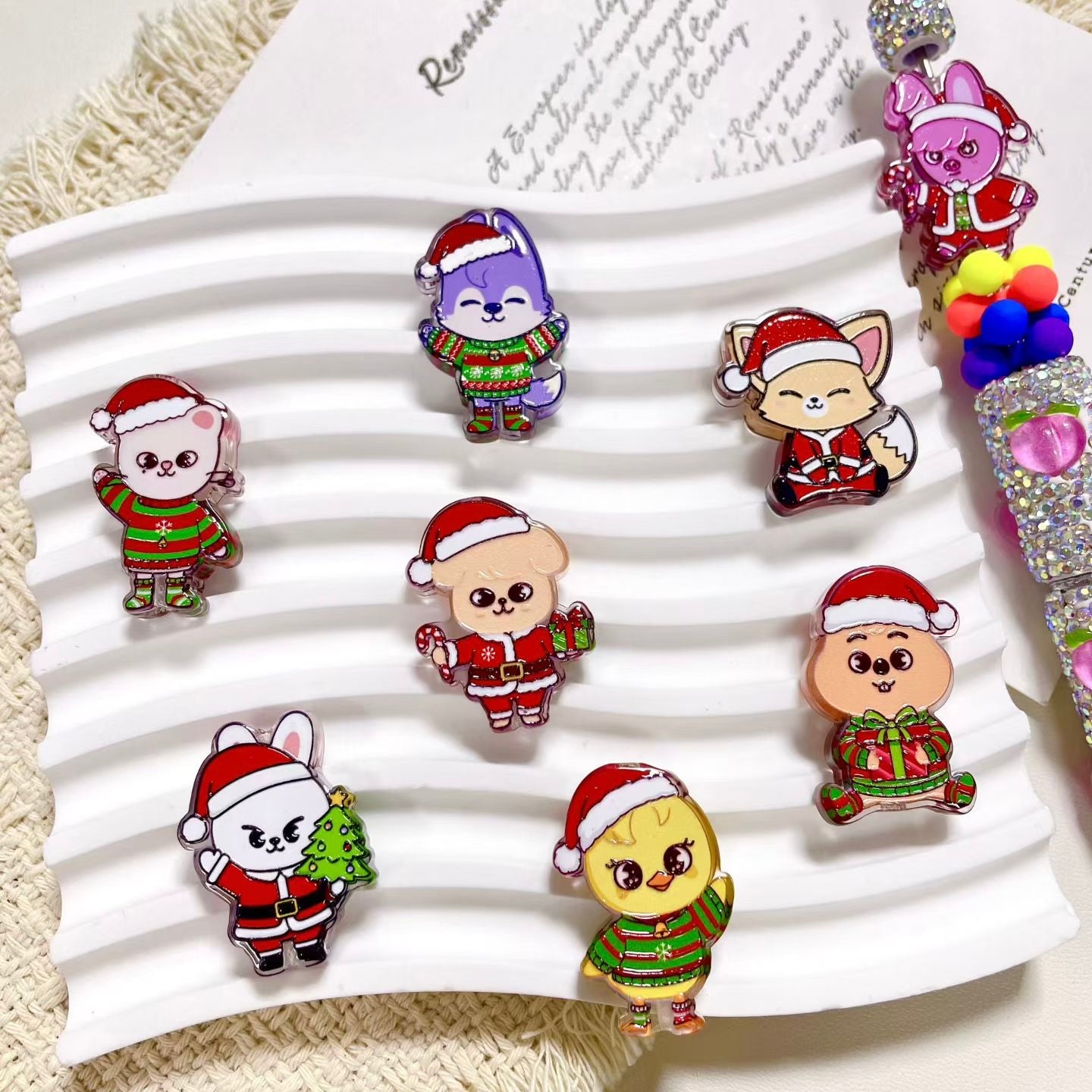 Quokka Dog Chick Fox Wolf Ferret Bunny Pig with Christmas Costume Acrylic Focal Beads, Korea Boy Group Cartoon Image Series For Pen Toppers , Random Mix