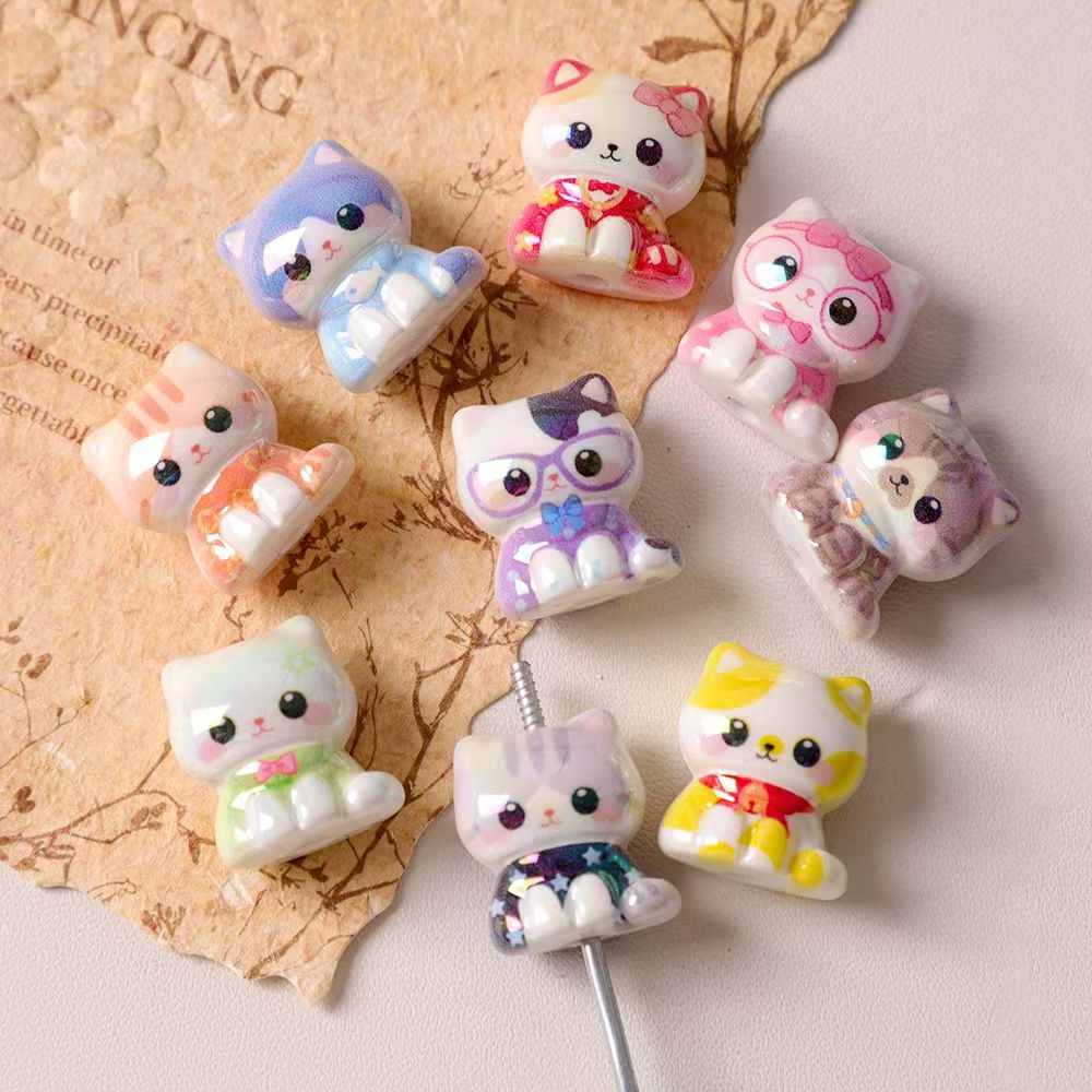 Acrylic Beads Cute Cat Character in Various Clothes, Random Mix