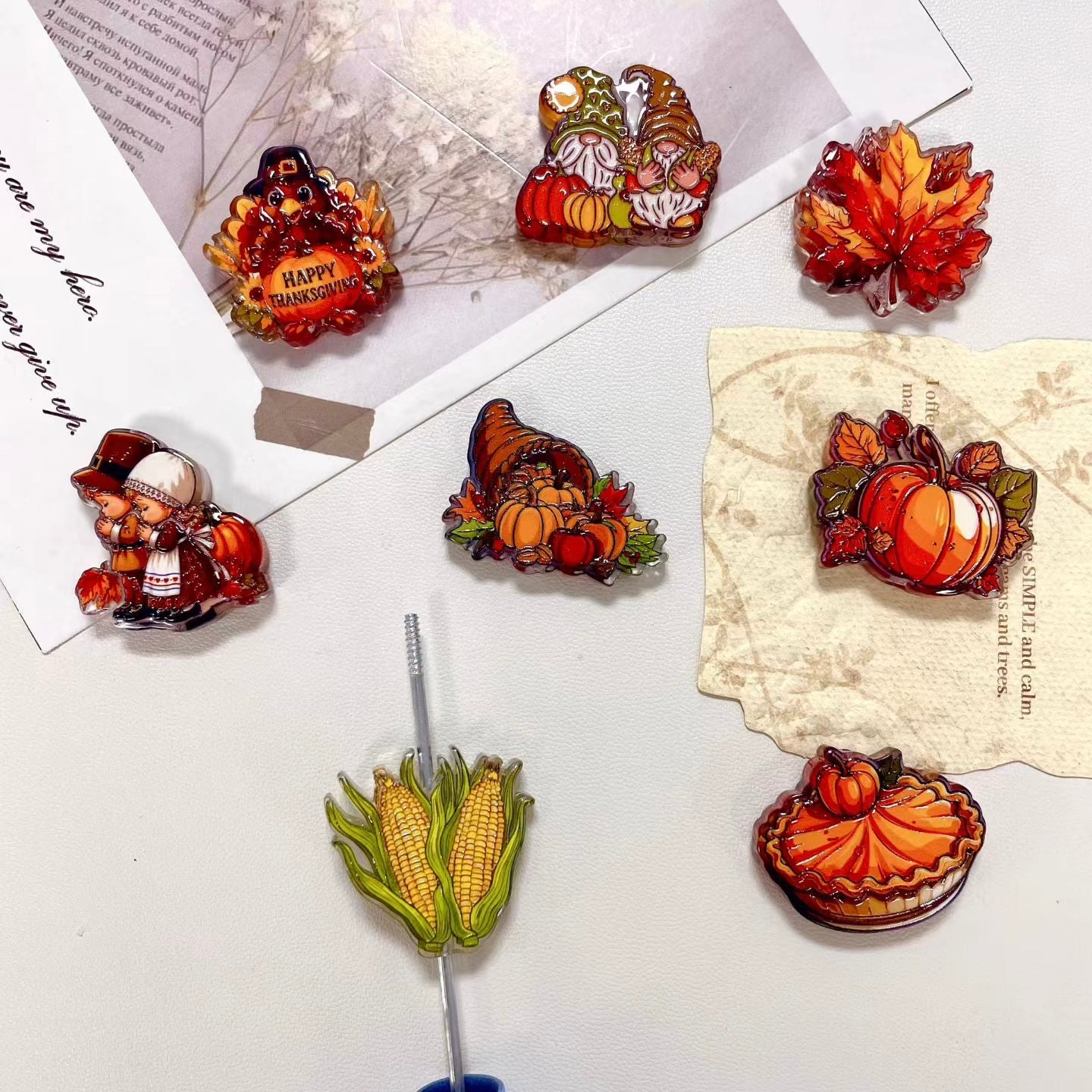 Thanksgiving Fall Pumpkin Maple Leaf Acrylic Focal Beads For Pen Toppers,Random Mix