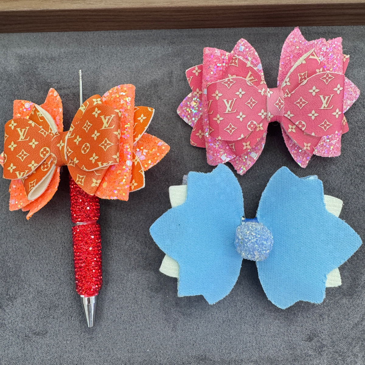 Vintage Floral Monogram‑Style Glitter Layered Leather Bling Bow Sugar Beads，with AB Rhinestones